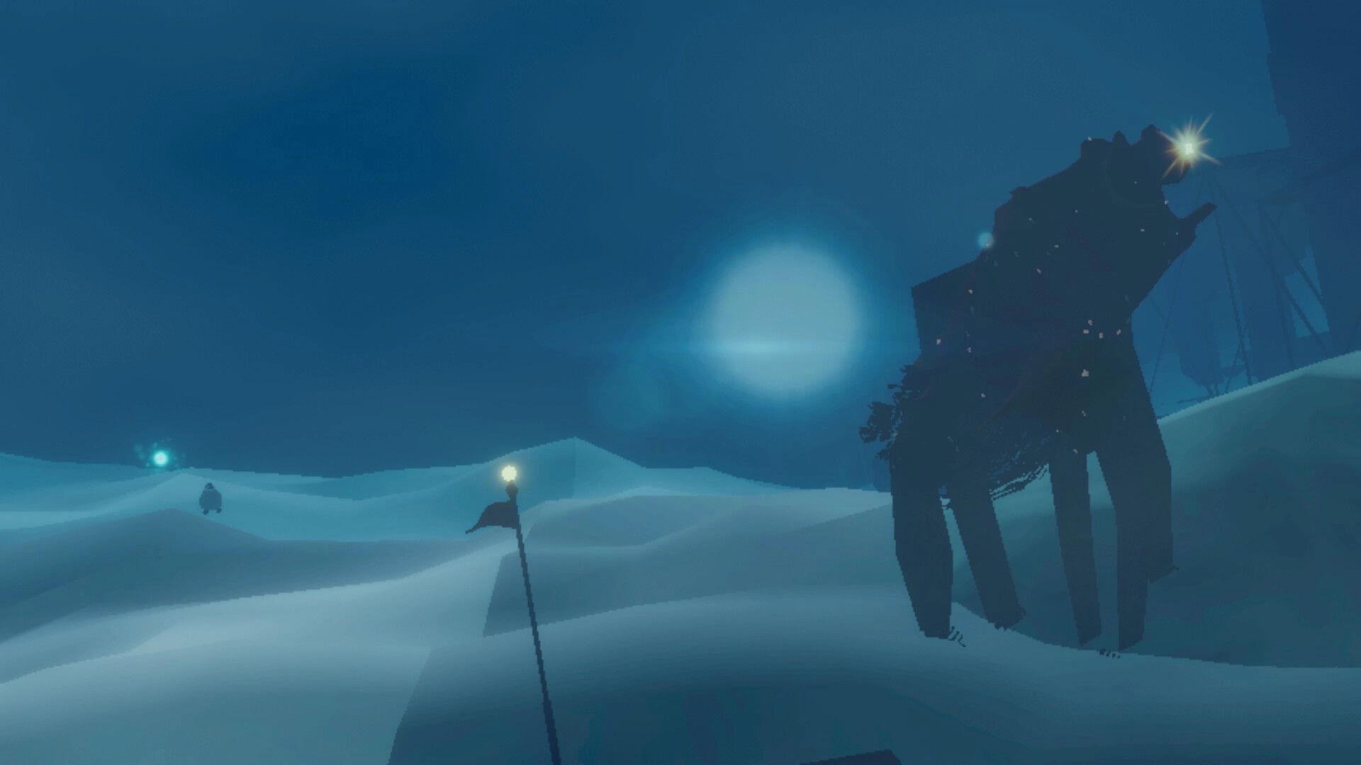 Penguin Colony: Lone penguin crosses snowy dunes toward a towering wreck with lights in blue foggy night.