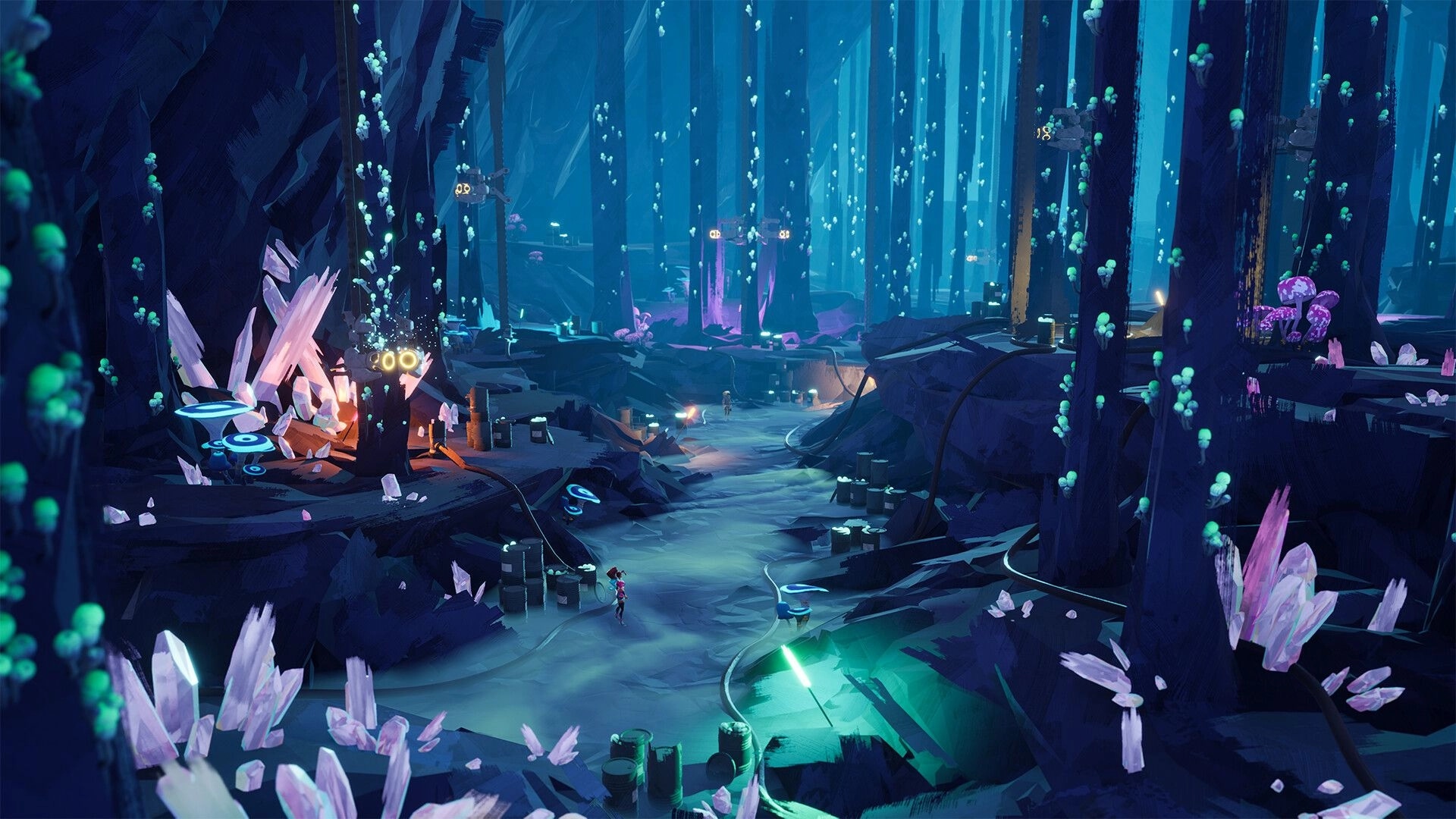 People of Note: Player character explores a glowing crystal cavern with neon mushrooms and tall pillars.
