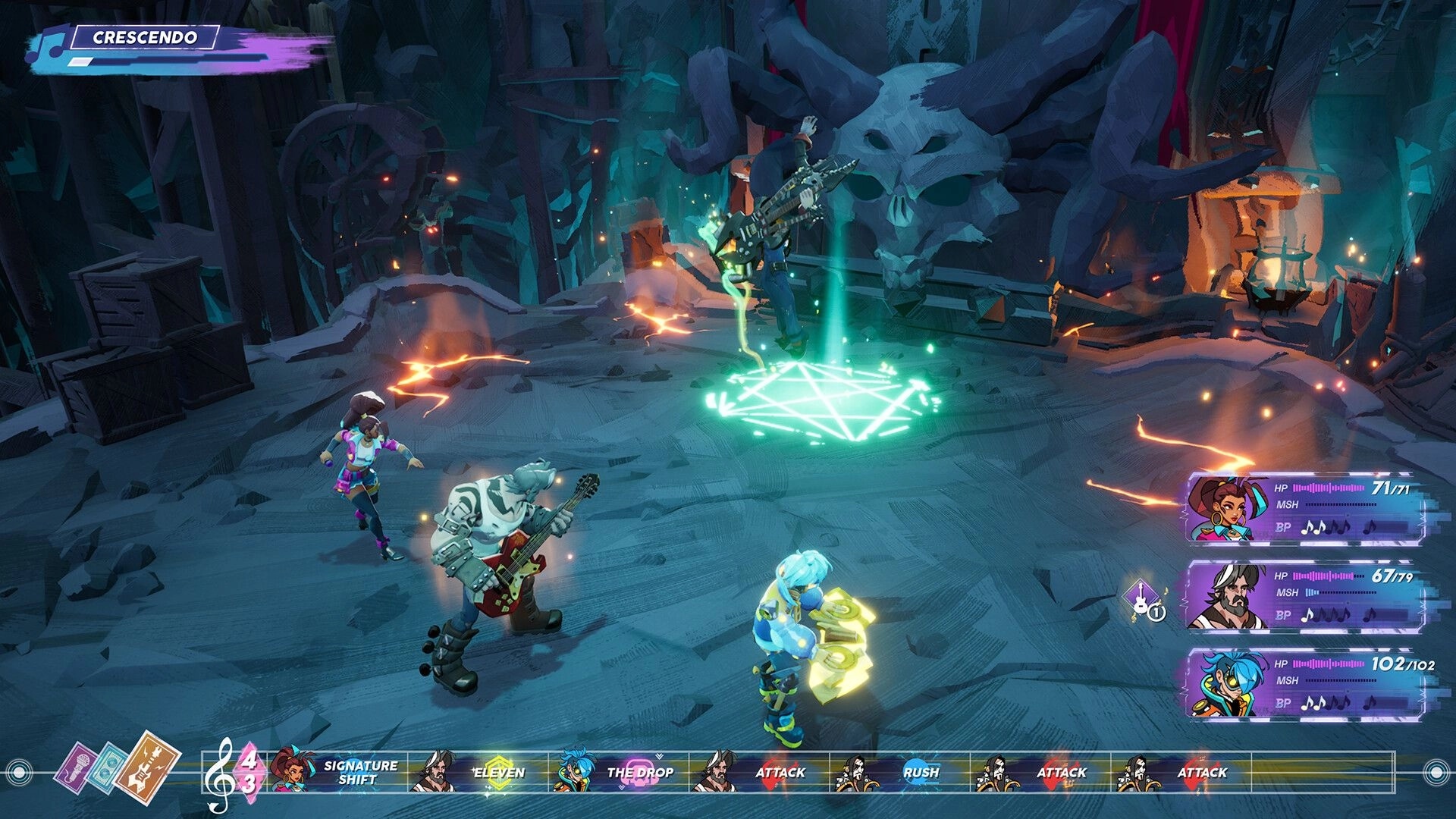 People of Note: Turn-based battle with band heroes and guitar attacks in a skull cavern arena.