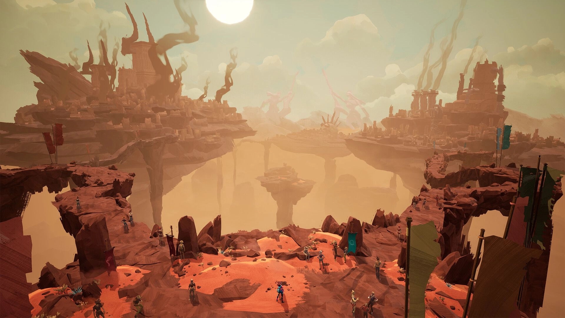 People of Note: Party stands on rocky plateau with flags, overlooking vast floating canyon ruins at sunset.