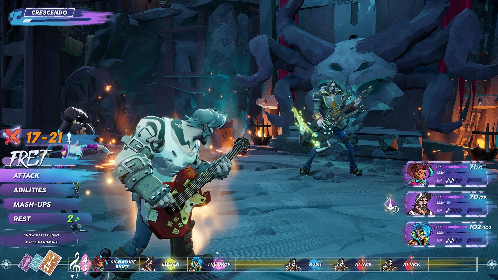 People of Note: Turn-based battle menu as a guitarist squares off in a rocky cavern arena.
