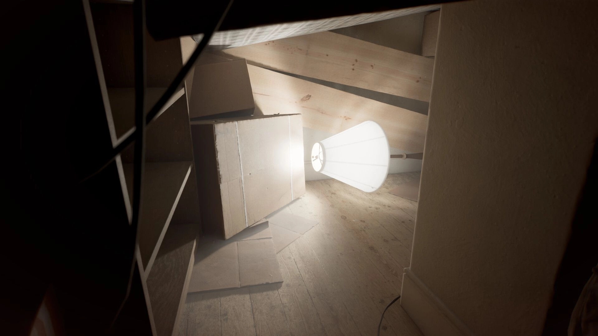 Perceptum: Flashlight illuminates toppled lamp and boxes in a cramped attic storage space.