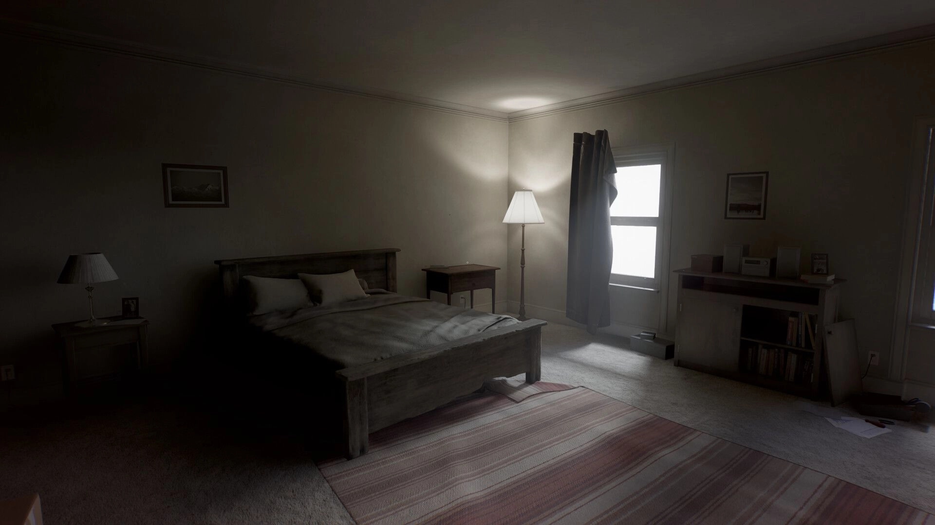 Perceptum: Exploring a dim bedroom with unmade bed, lamps, and bright window with hanging curtain.