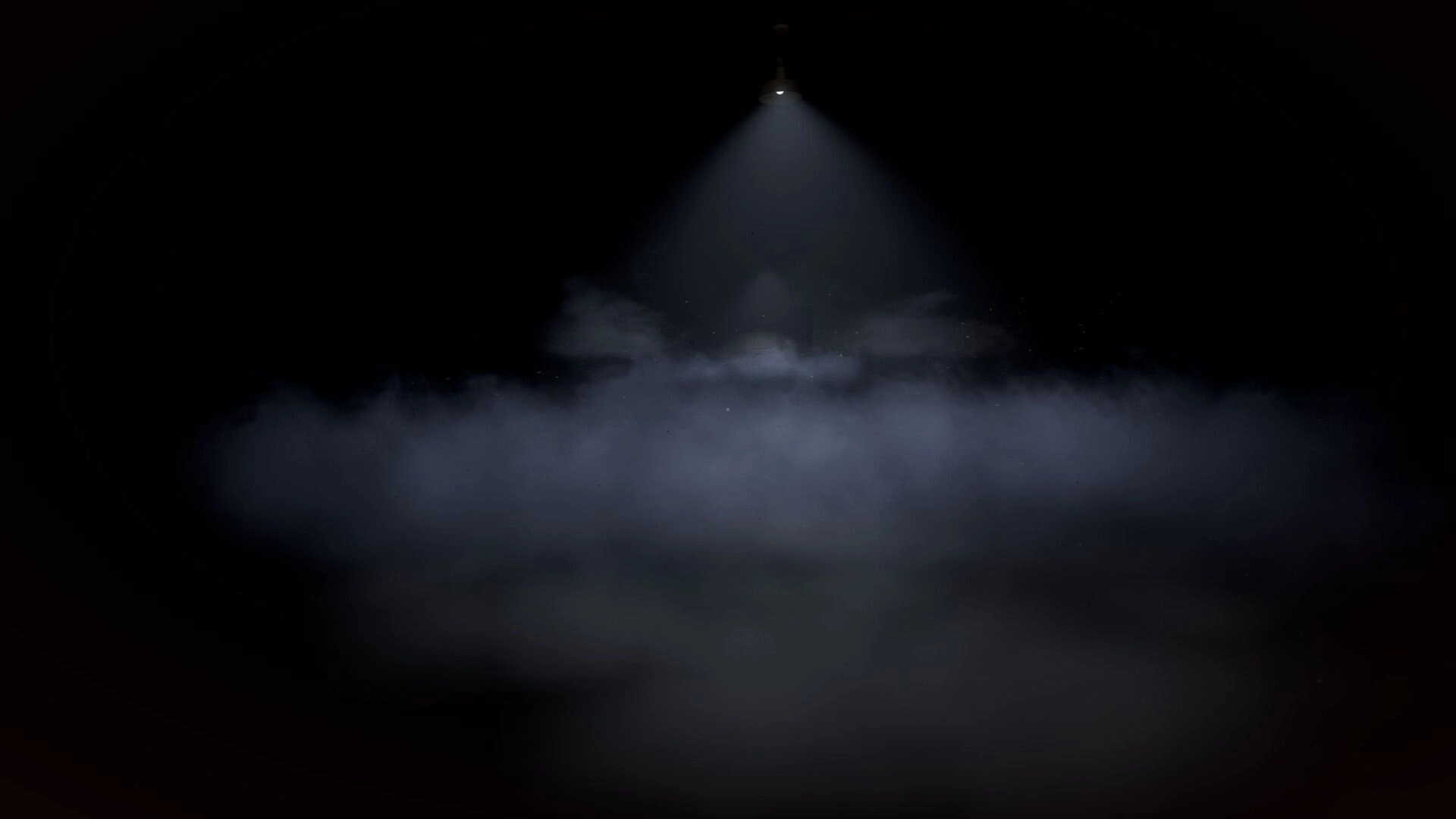 Perceptum: Single ceiling lamp casts a cone of light over thick fog in a pitch-black room.