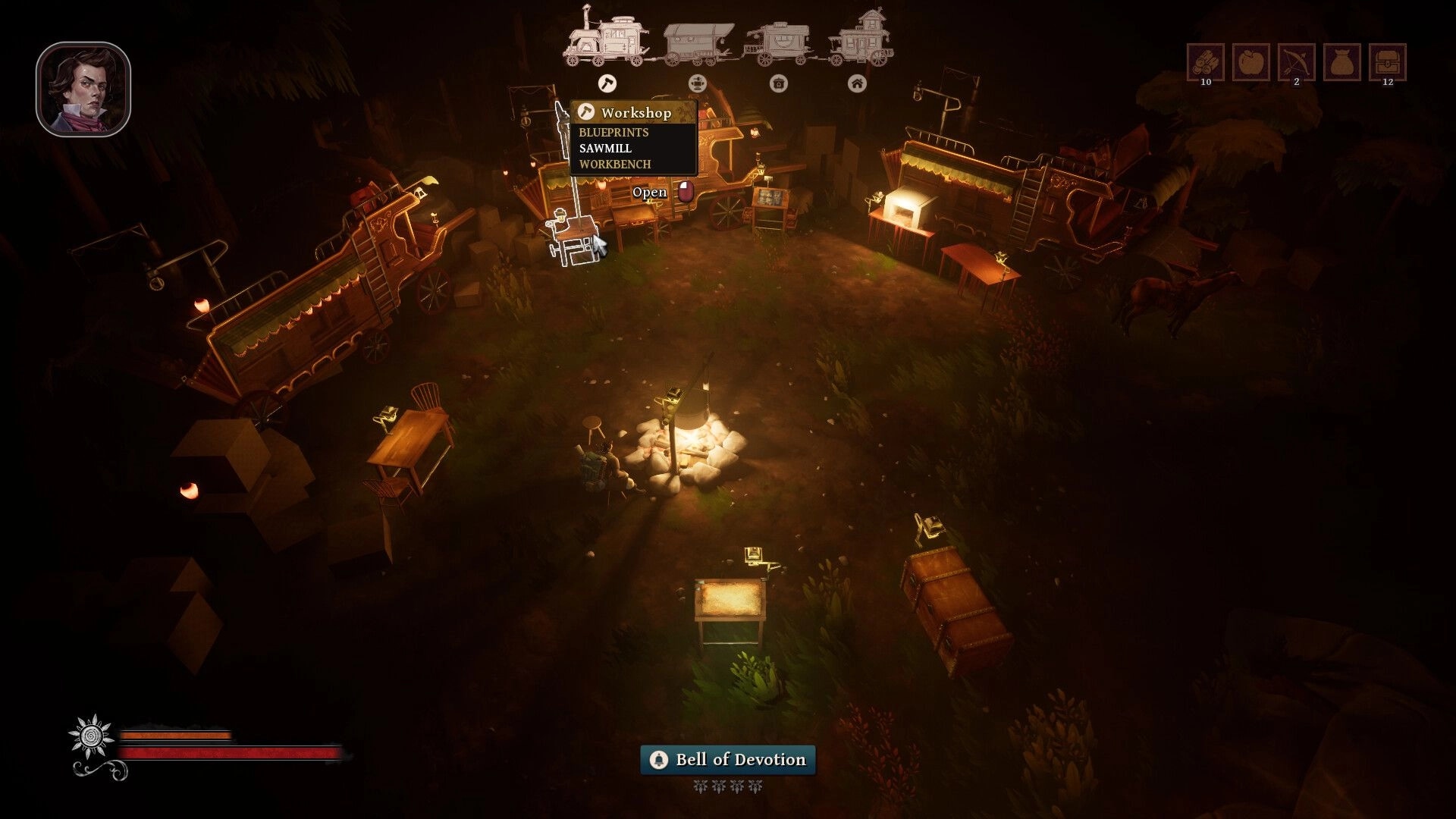 Peregrino: Nighttime camp scene with caravans, campfire, and workshop menu in a dark forest setting.