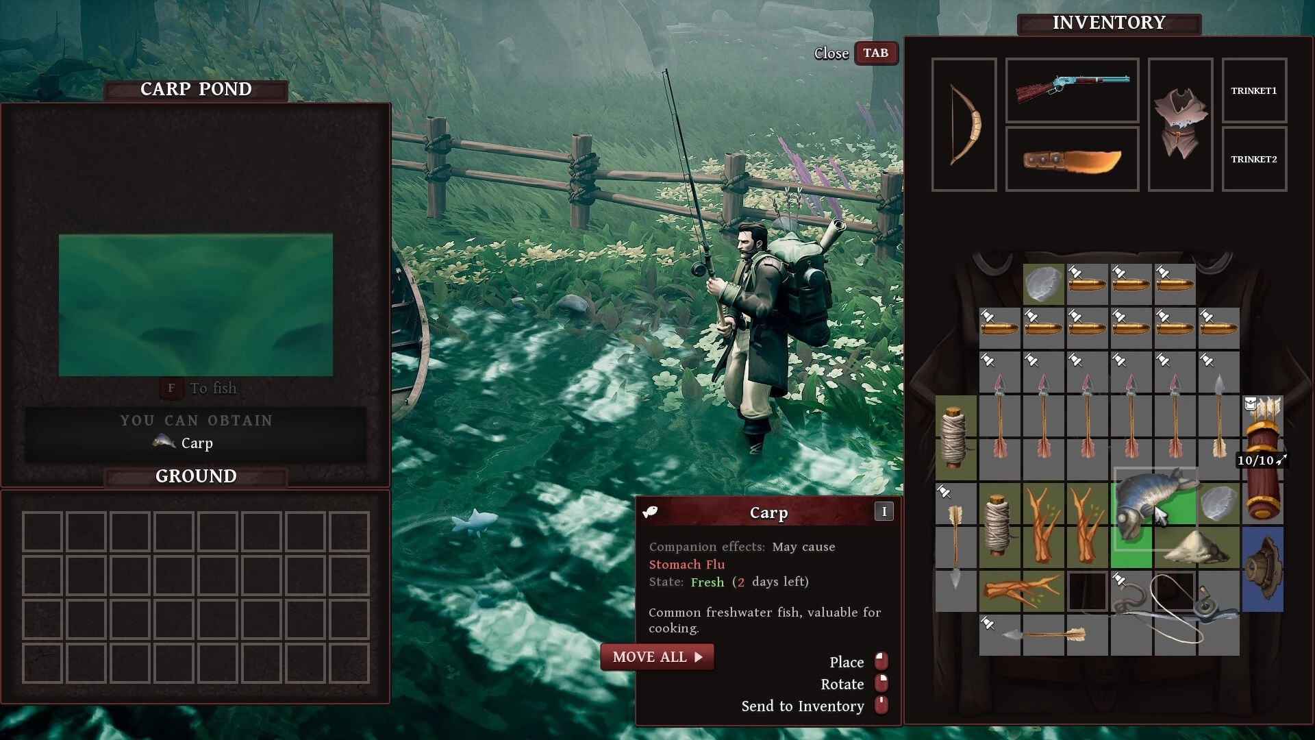 Peregrino: Character fishing at carp pond with inventory menu open in lush forest environment.