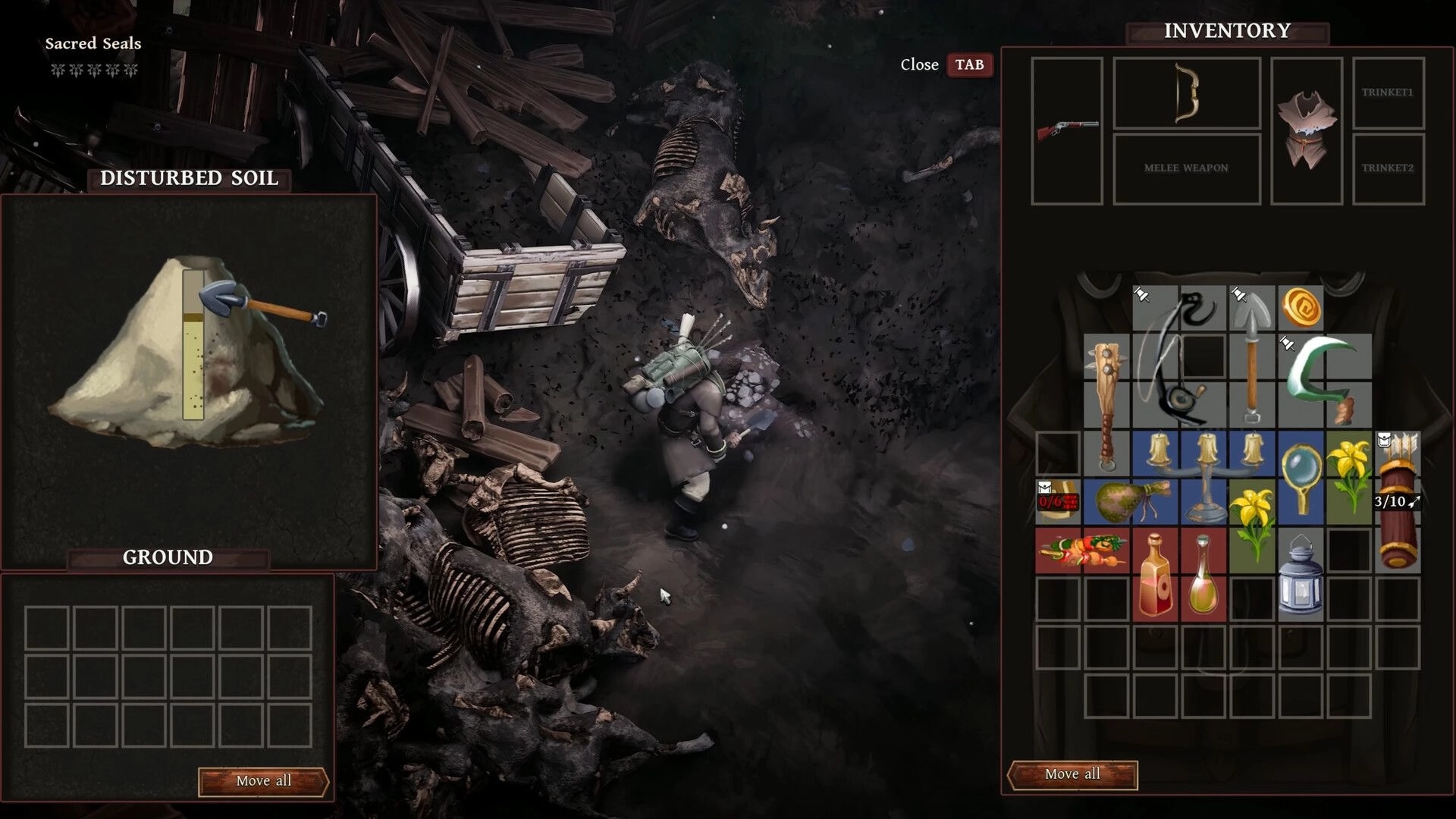 Peregrino: Character digs in disturbed soil beside wagon, inventory menu open showing various items.