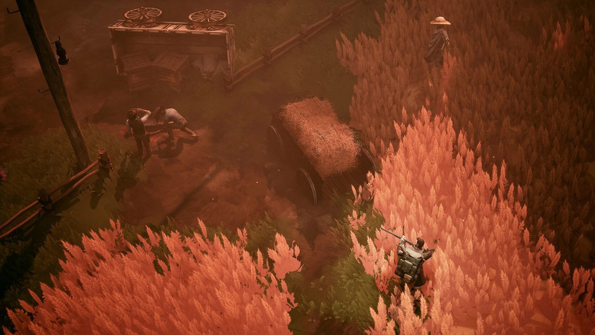 Peregrino: Characters collect resources near a wagon in a dense, ominous forest clearing