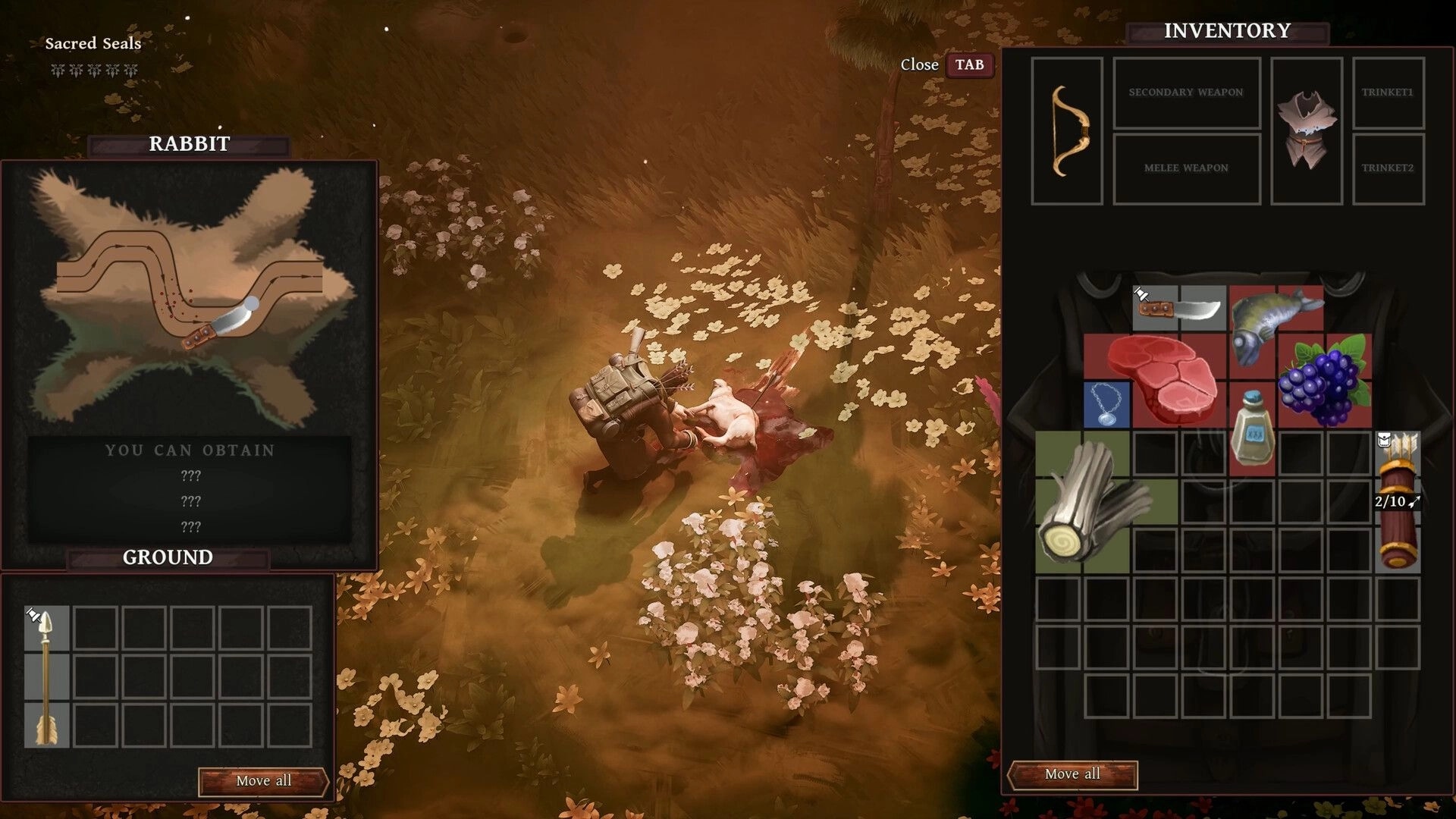 Peregrino: Character skins a rabbit in forest while inventory and resource options are displayed