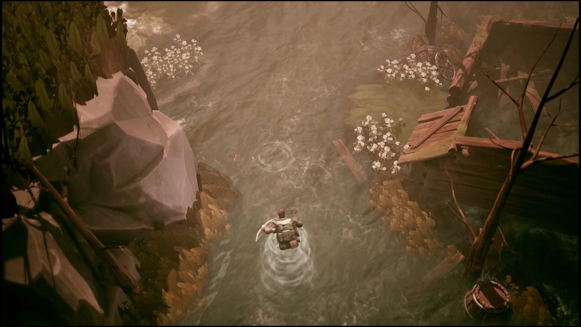 Peregrino: Character wades through a river in a lush forest surrounded by rocks and broken wooden debris.