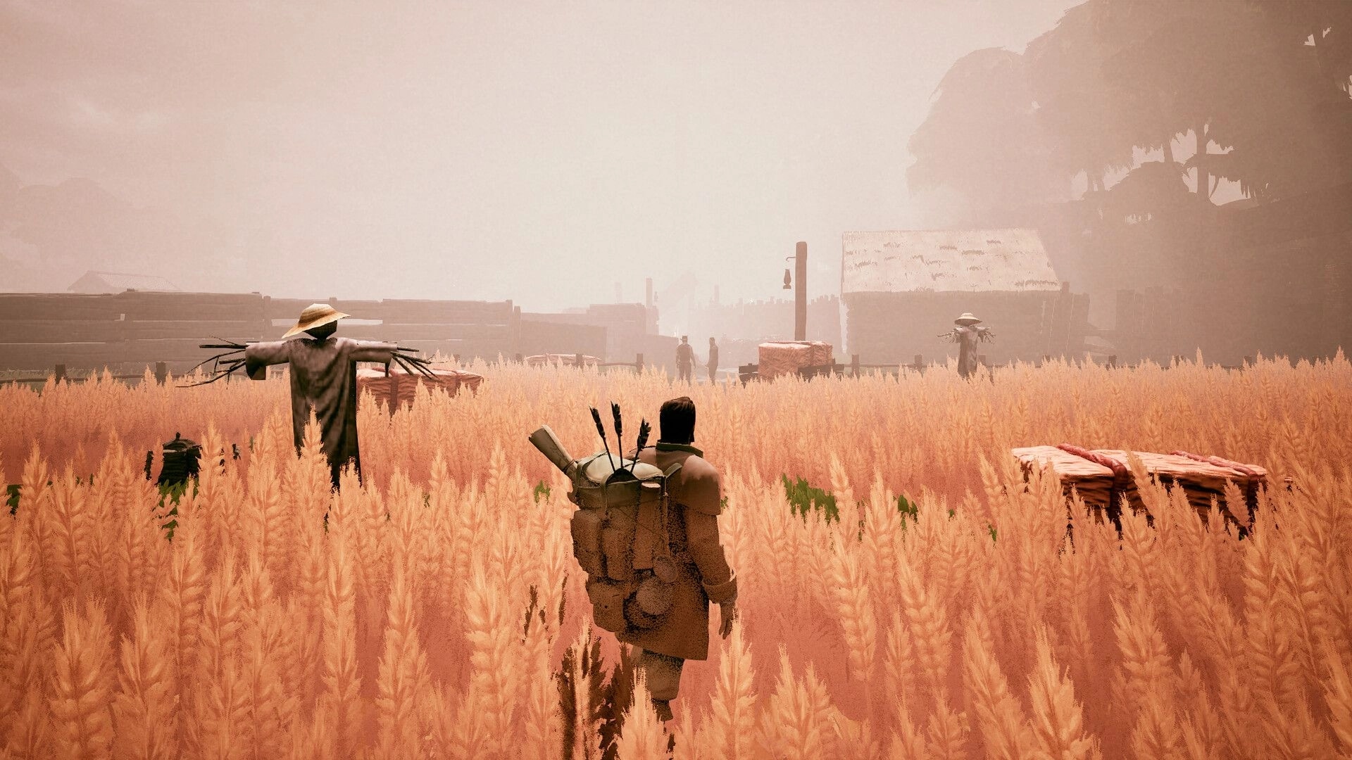 Peregrino: Player navigates through a dense wheat field with scarecrows and distant village buildings.