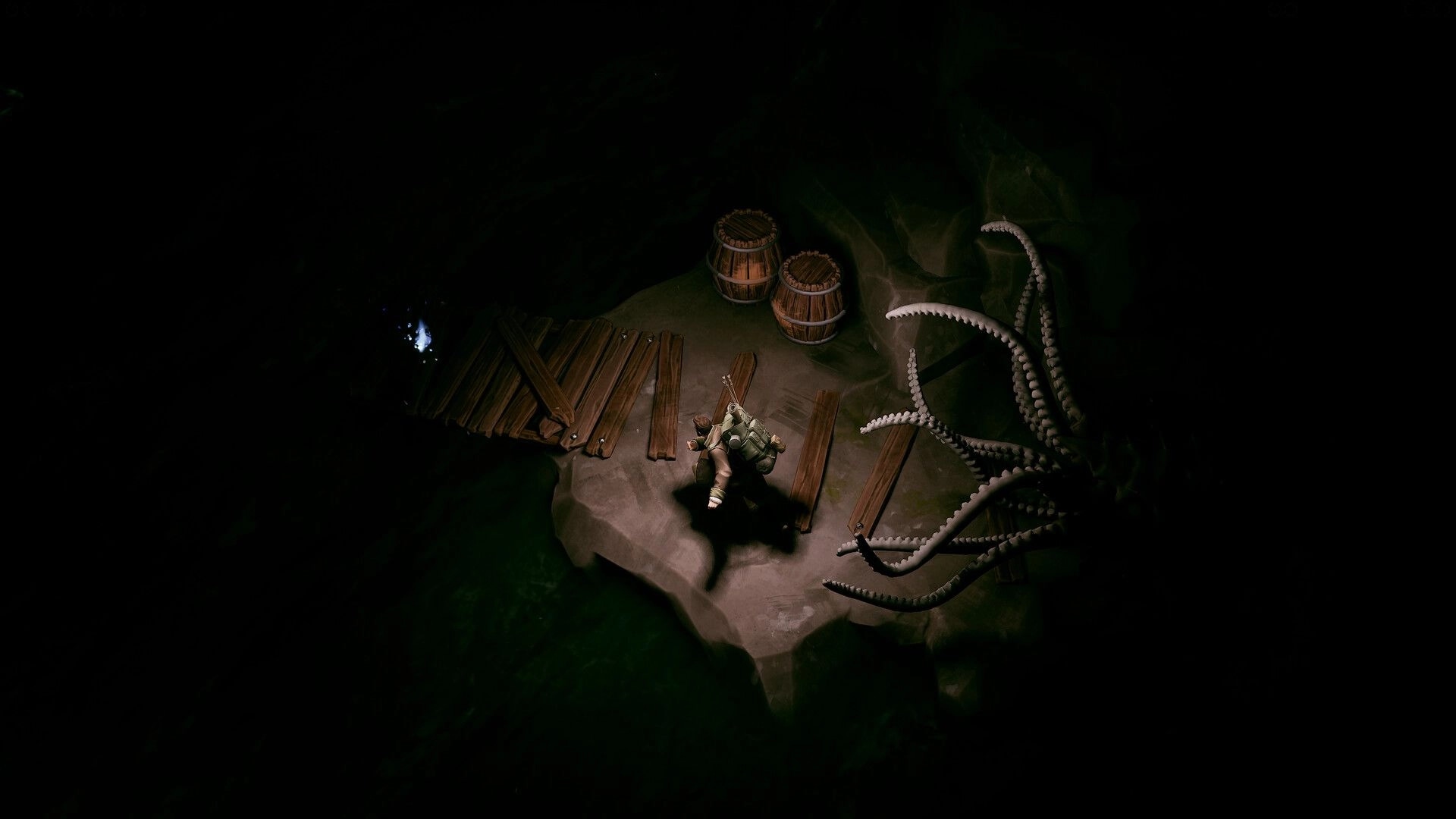 Peregrino: Character confronts tentacled creature in dark cave with wooden planks and barrels nearby