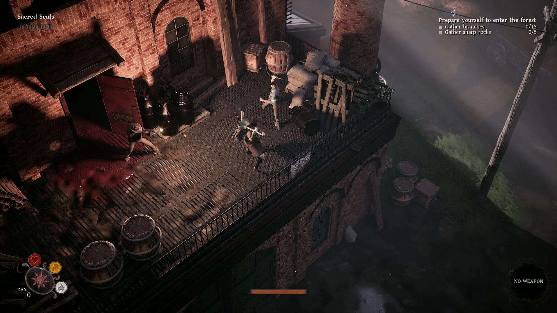 Peregrino: Characters exploring brick rooftop with barrels and sacks; objectives shown on right side.