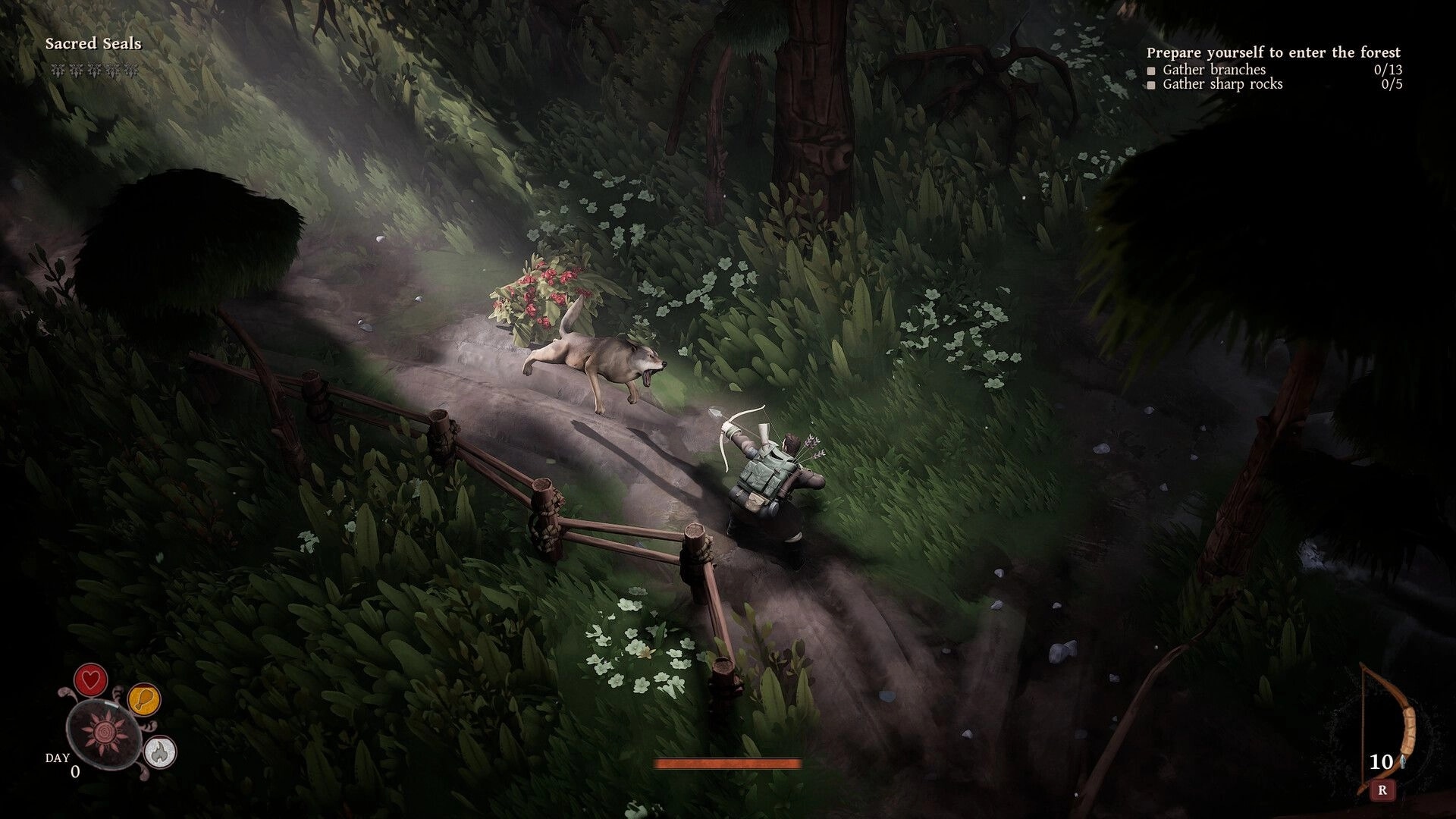 Peregrino: Archer battles a wolf on a forest path with foliage and quest objectives displayed