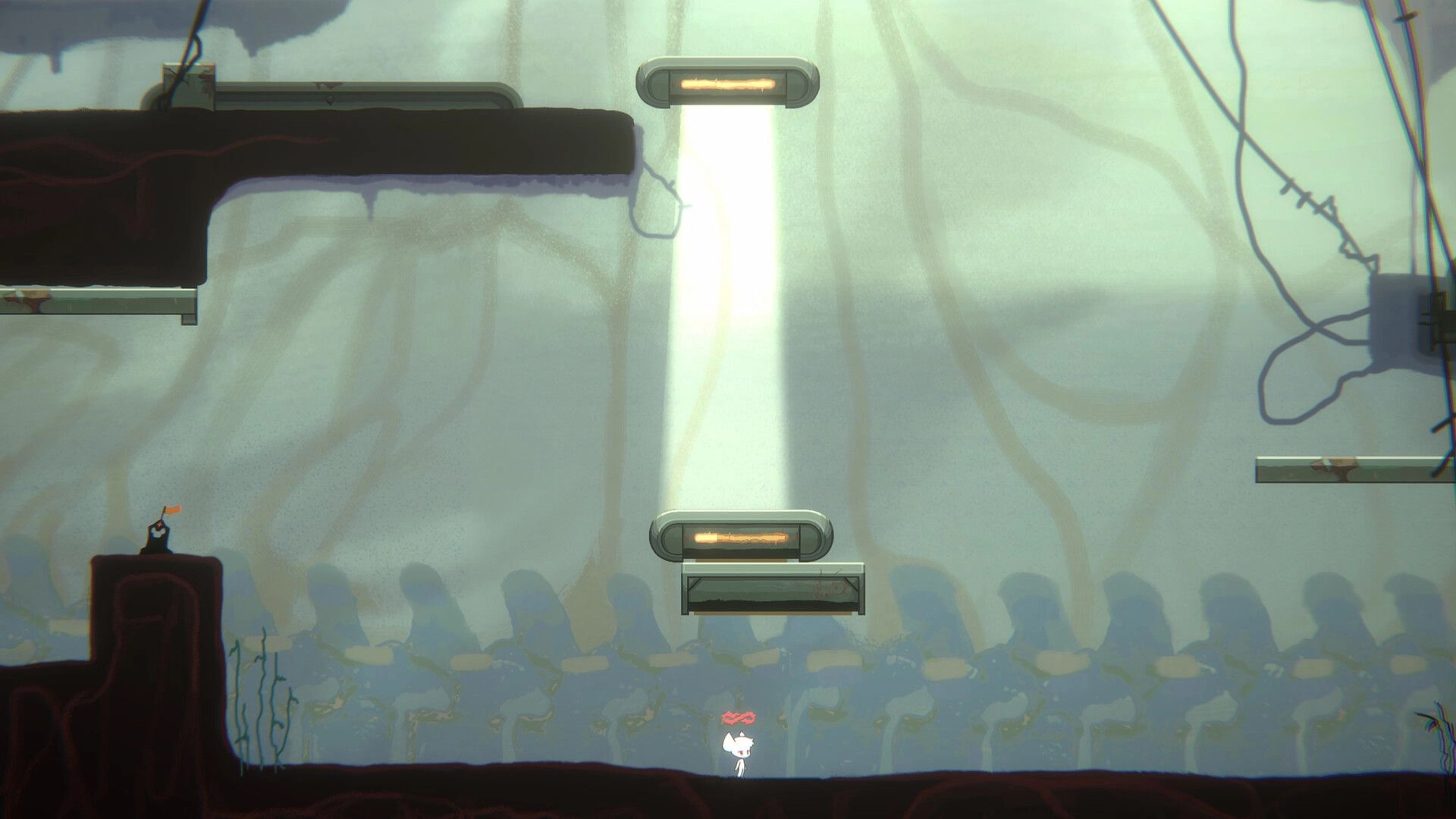 Perilous Light: Character avoids deadly light beam in dimly lit cavern with platforms and cables overhead