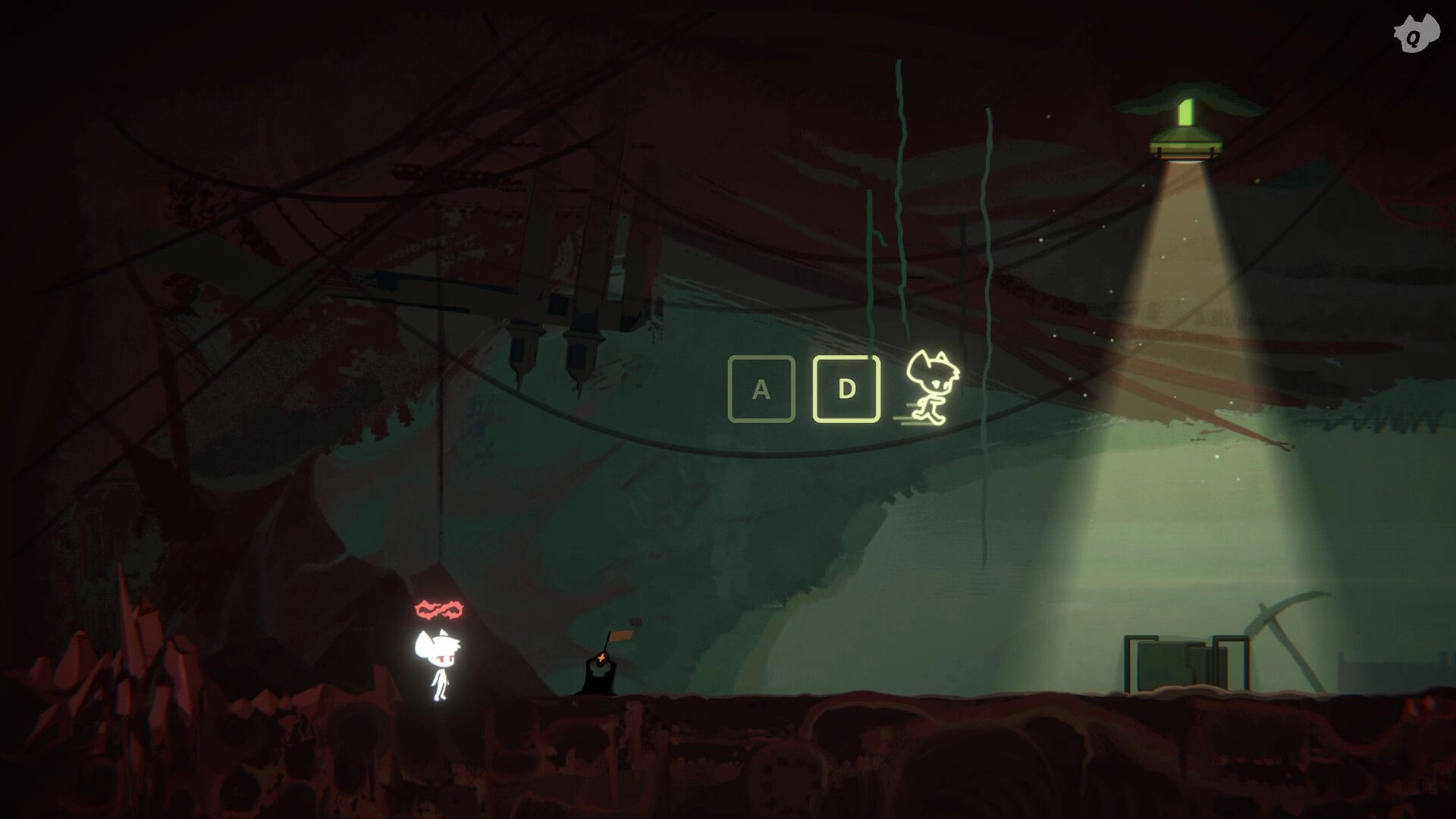 Perilous Light: Player character next to lever, light beam highlighting path in dark cavernous setting