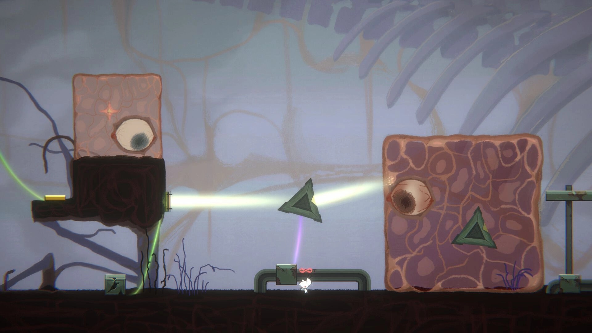 Perilous Light: Player navigates eerie platform with living blocks and beams in a mysterious environment