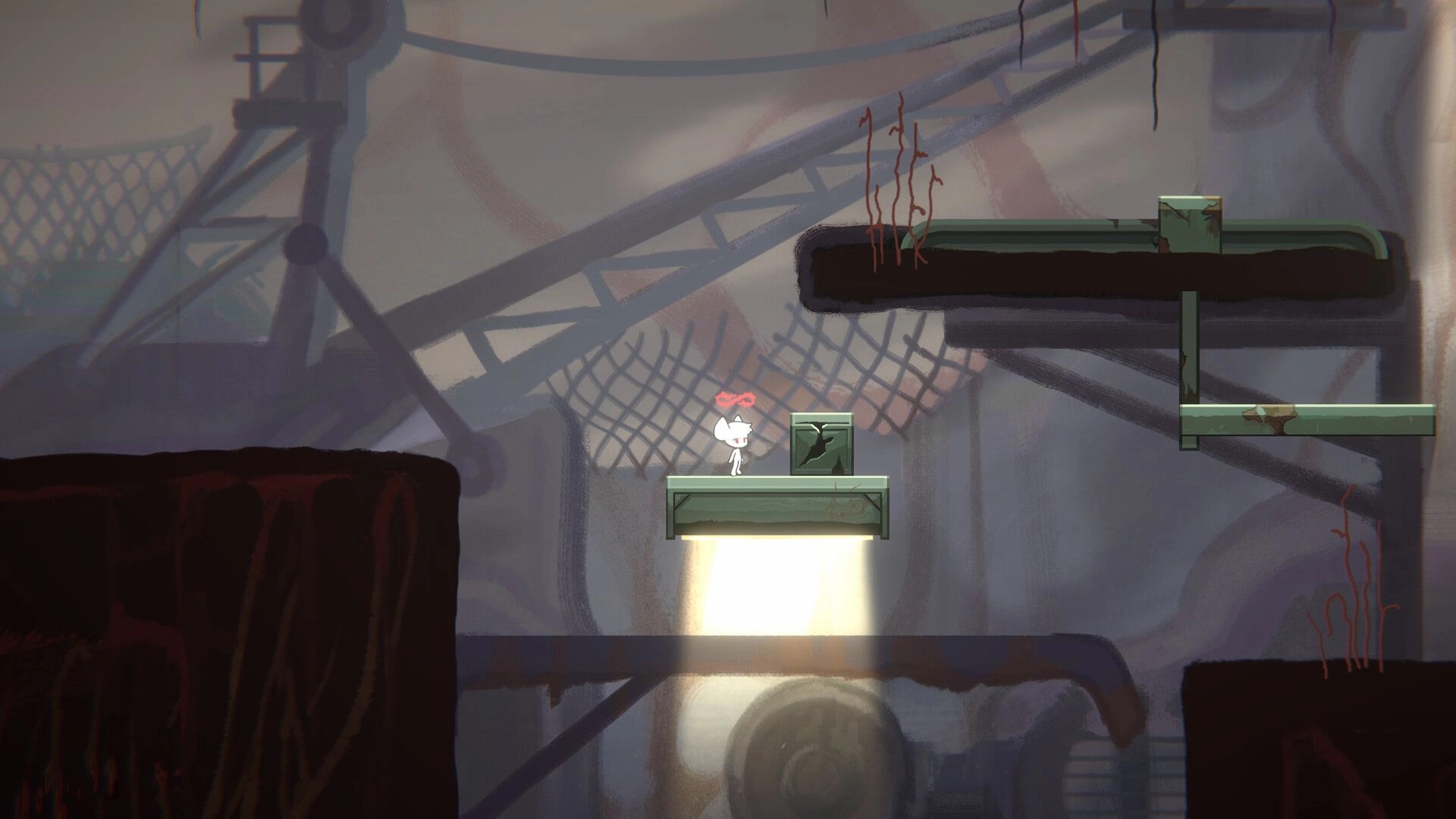 Perilous Light: Character with red bow pushes a crate under a spotlight in an industrial platform setting