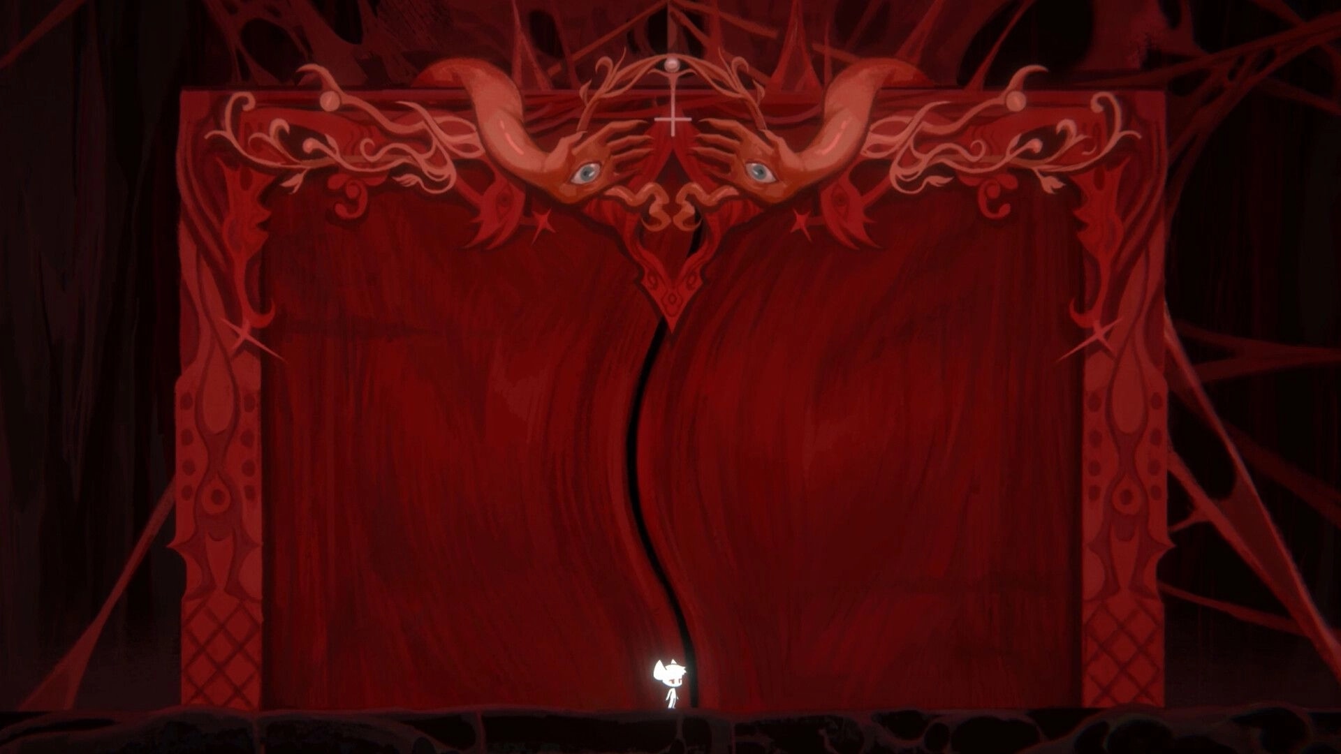 Perilous Light: Character stands before a massive ornate red door with intricate carvings in dark chamber.