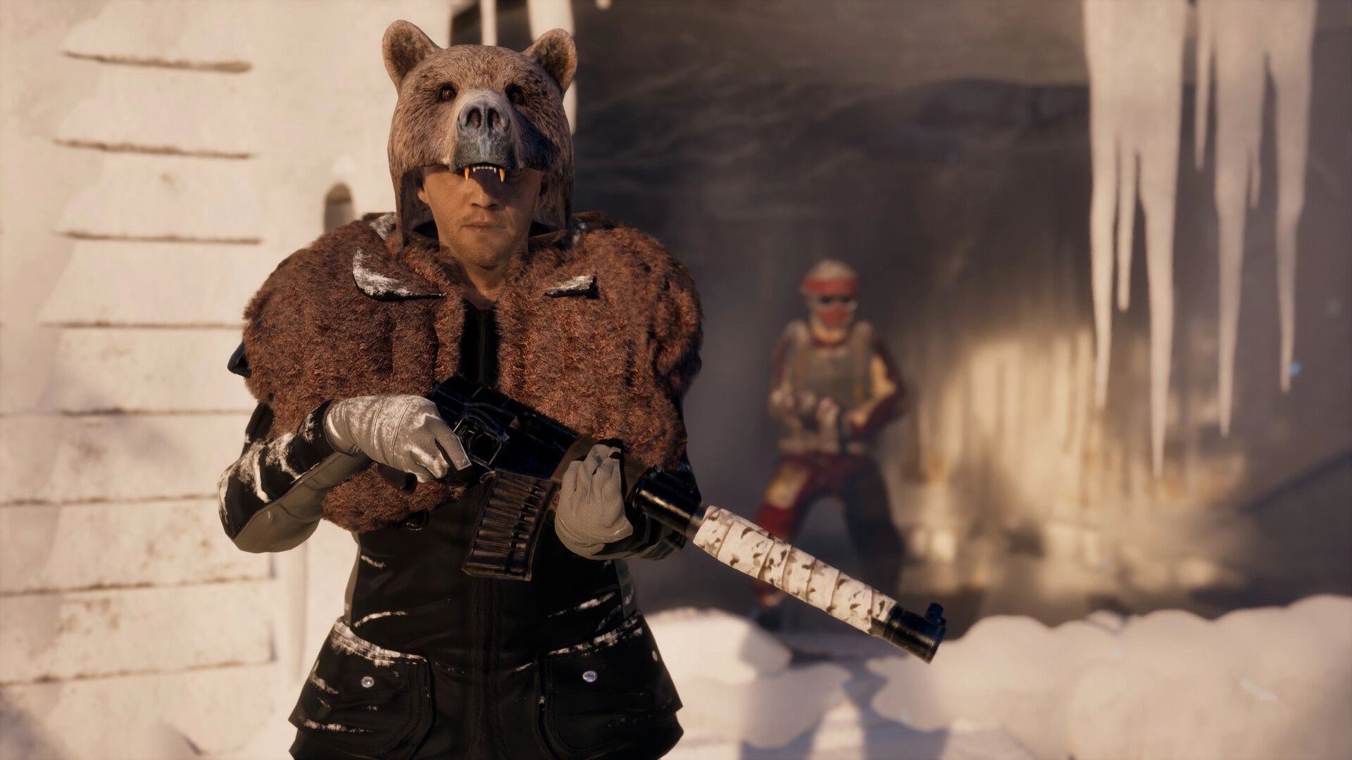 Permafrost: Character in bear pelt and armed with rifle stands in snowy cave entrance, icicles overhead.