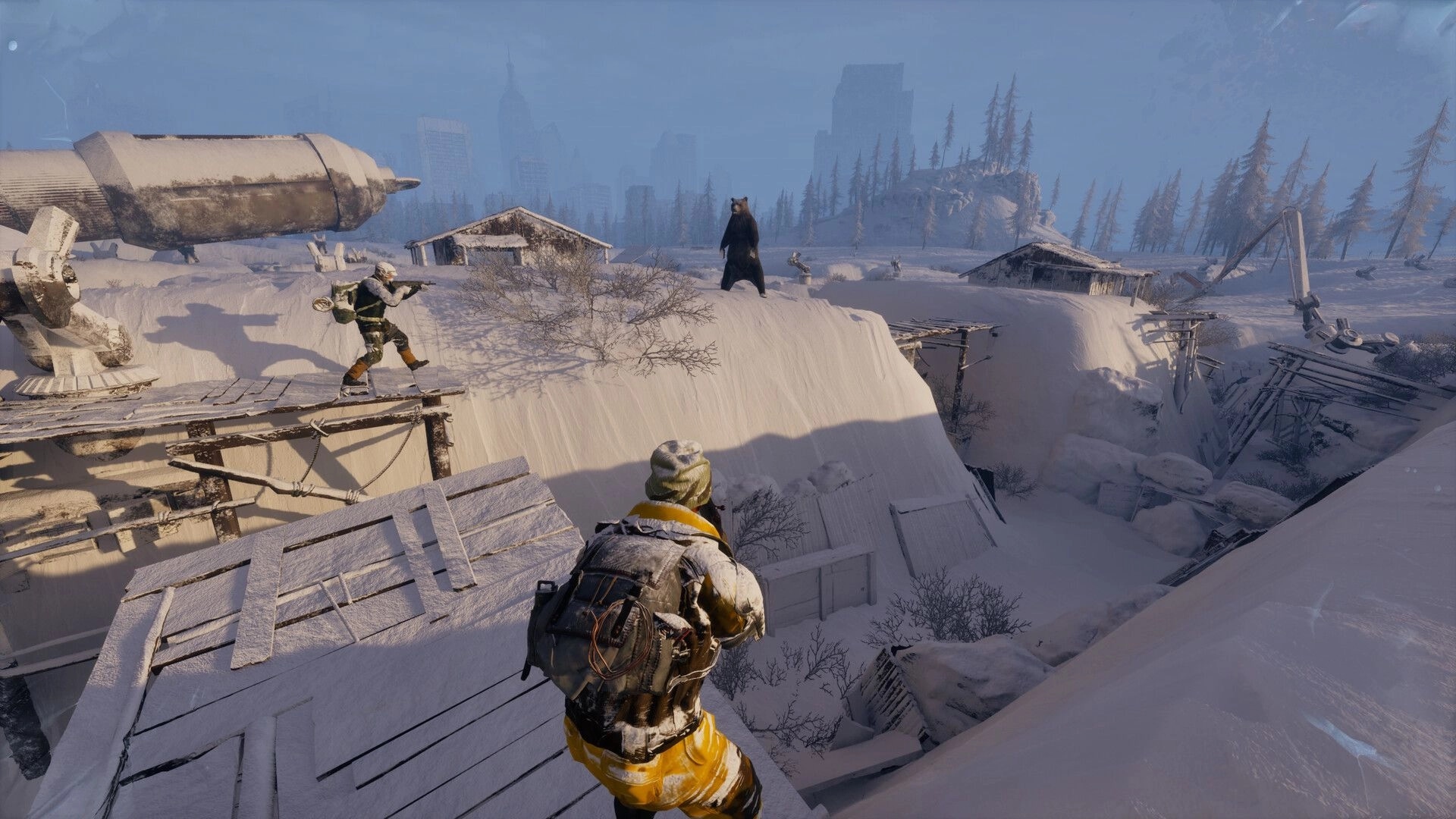 Permafrost: Player confronts a bear on snowy rooftops amidst abandoned buildings in a frozen wasteland.