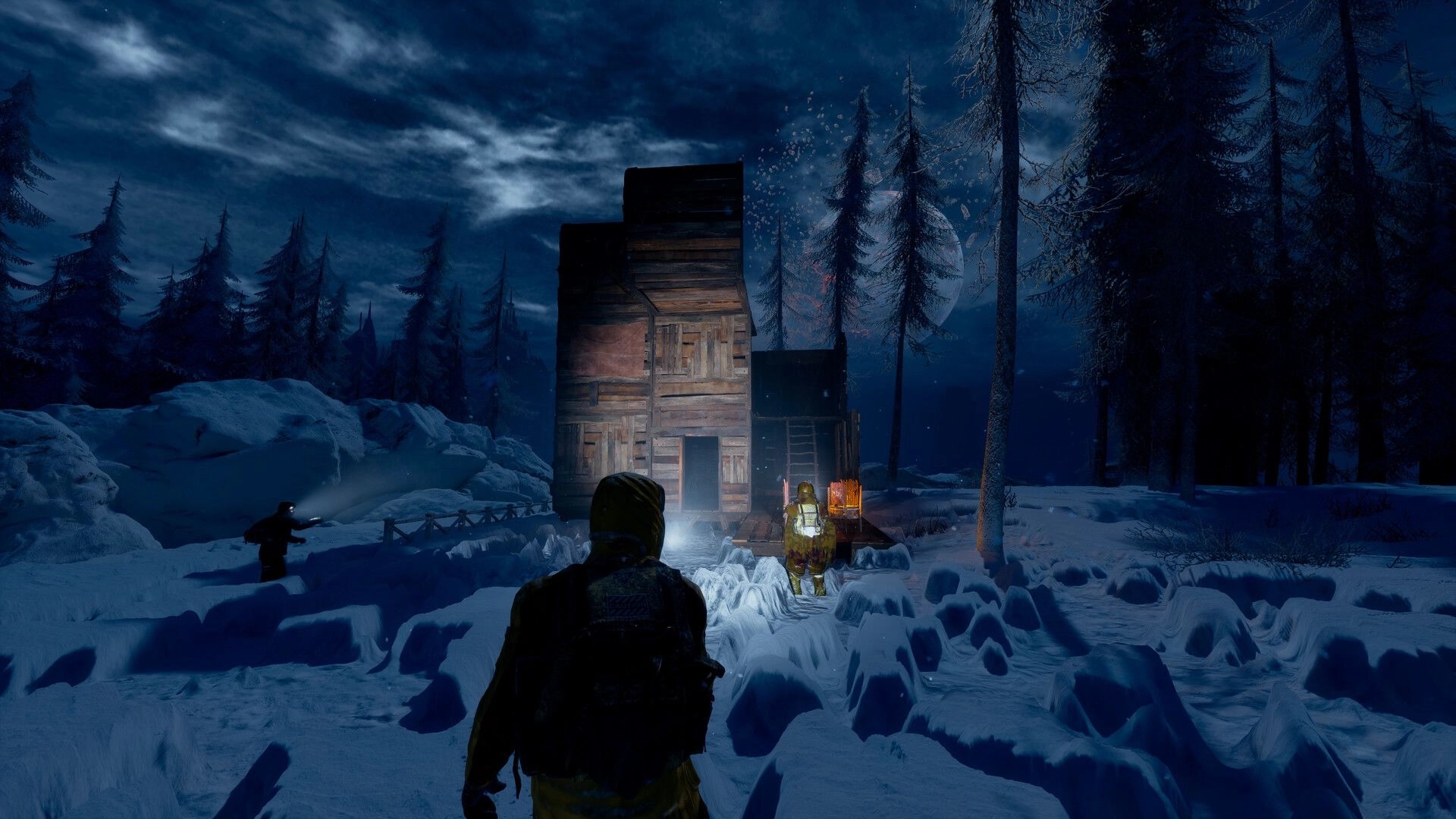 Permafrost: Players exploring snowy landscape at night near a wooden shack with a flashlight beam