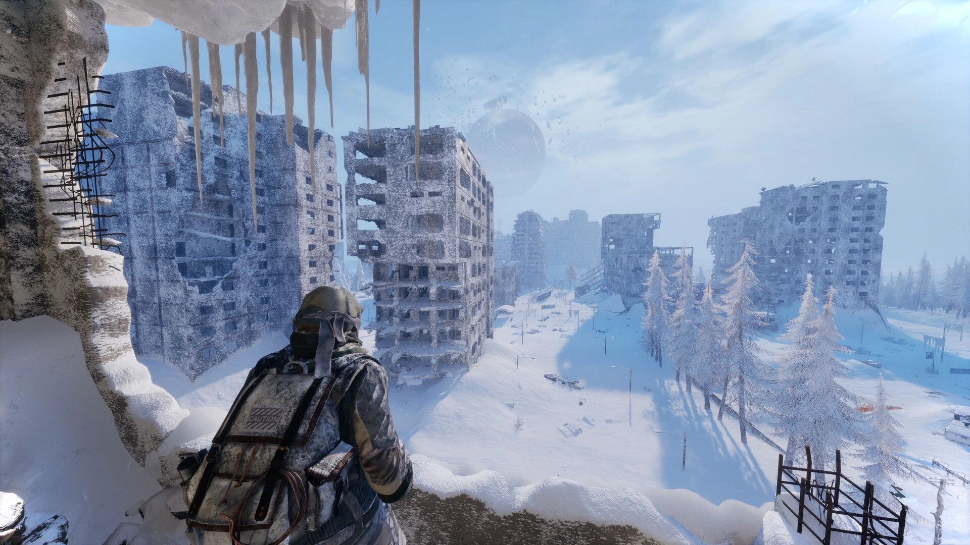 Permafrost: Lone survivor overlooks snowy ruins of abandoned city under clear blue sky.
