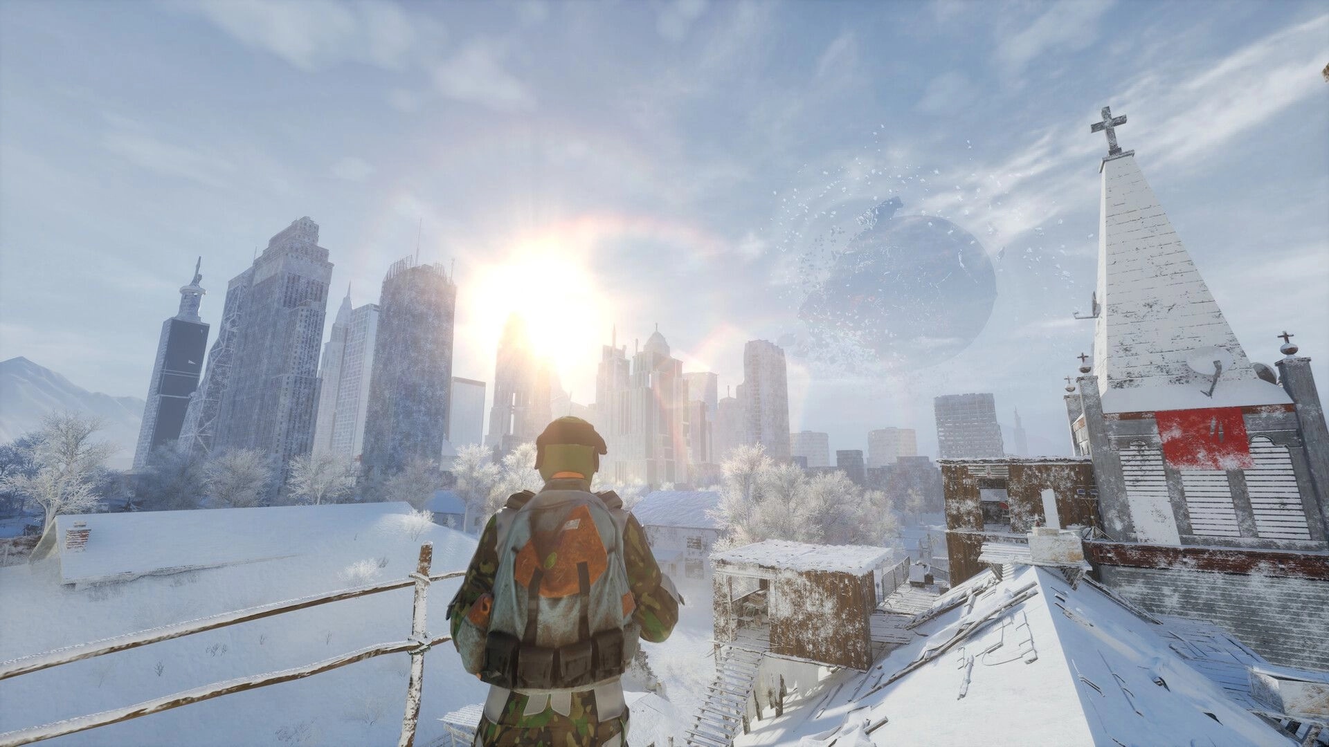 Permafrost: Player overlooking snow-covered city rooftops with a church and distant skyscrapers in view