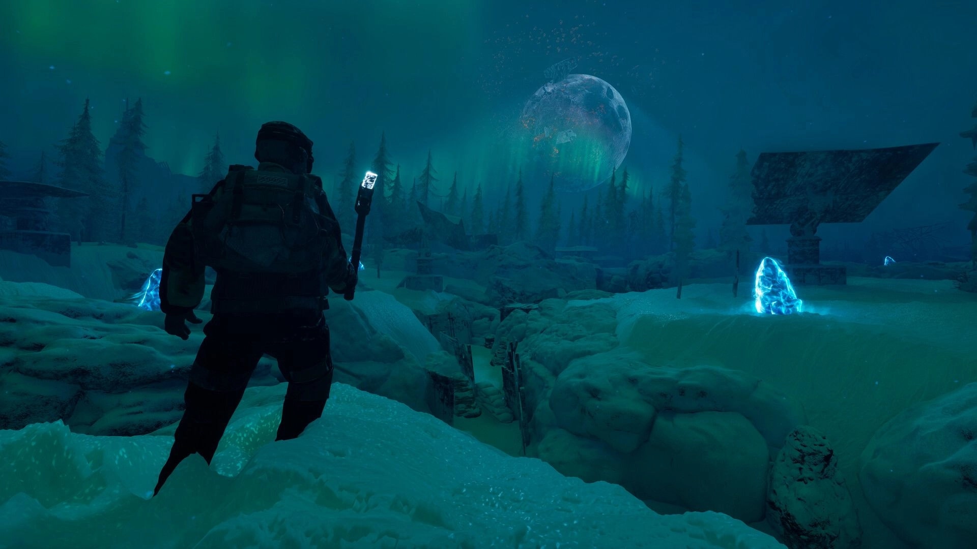 Permafrost: Character with glowing torch explores icy landscape beneath aurora and distant moon