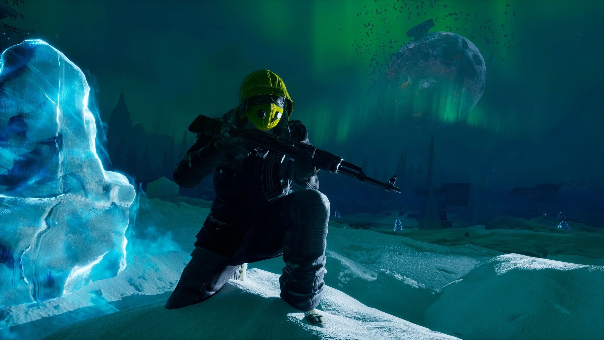 Permafrost: Armed character crouching beside glowing ice in snowy landscape under aurora and distant planet
