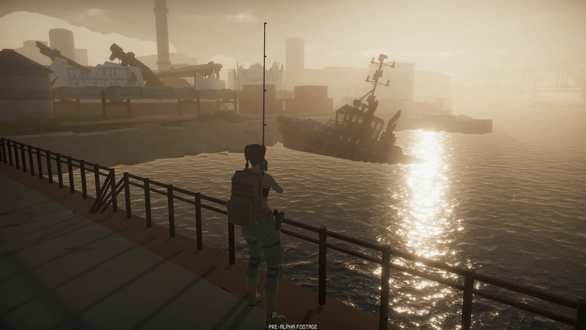 Persist Online: Player fishing at sunset near derelict ship in industrial harbor setting