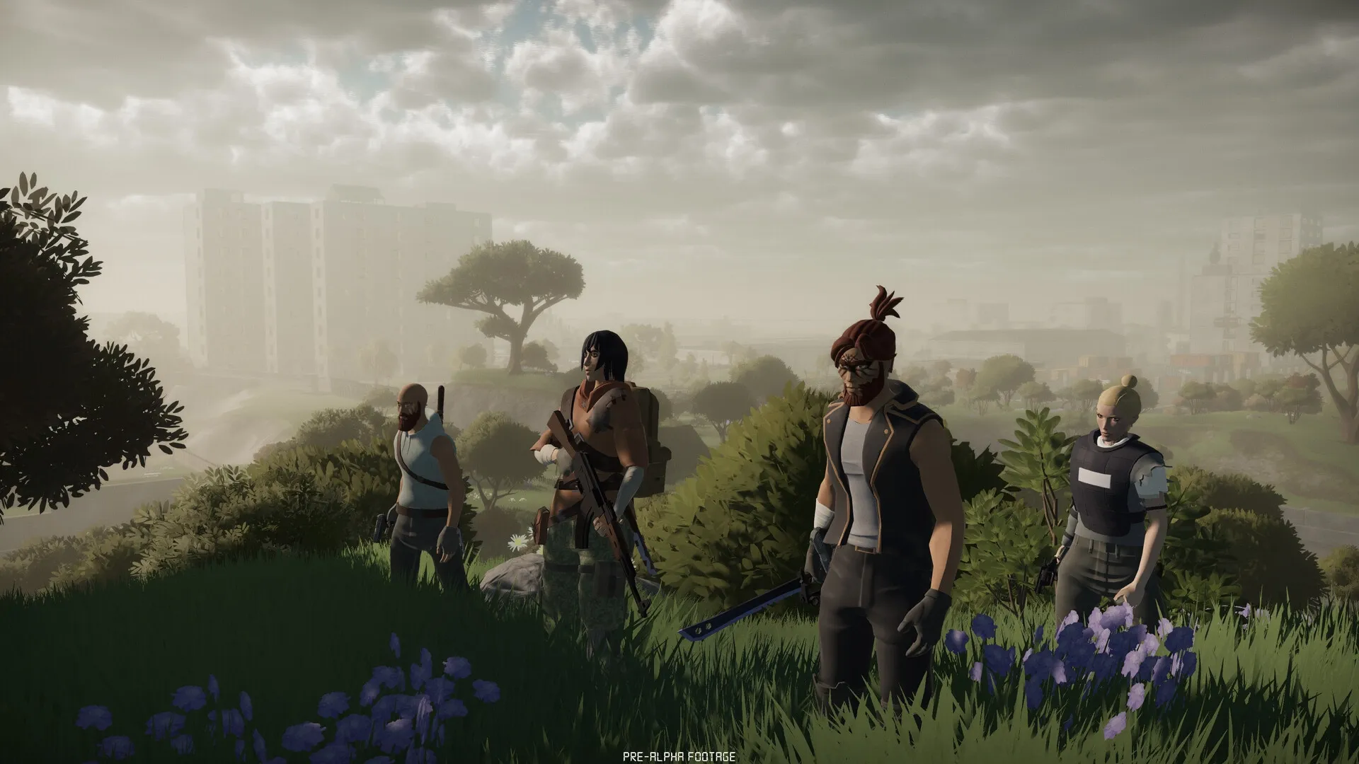 Persist Online: Four characters equipped with weapons overlook a misty cityscape from a grassy hill.