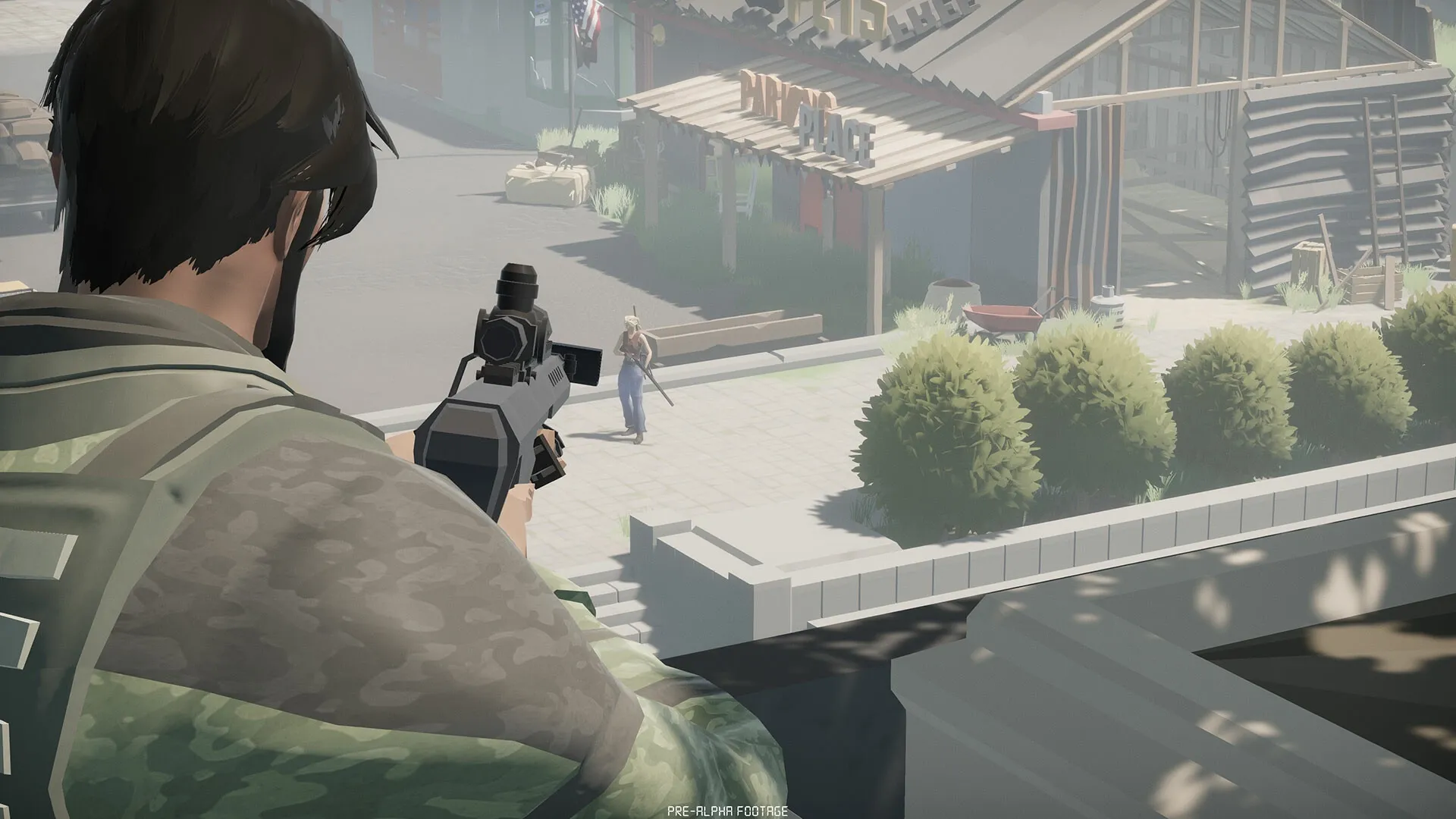 Persist Online: Sniper aiming at zombie from rooftop in deserted urban area with abandoned buildings