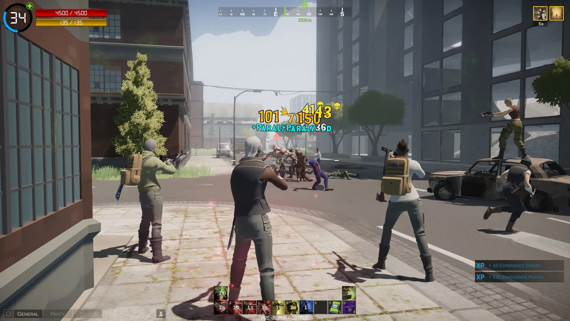 Persist Online: Players engage zombies in urban street combat with experience points displayed