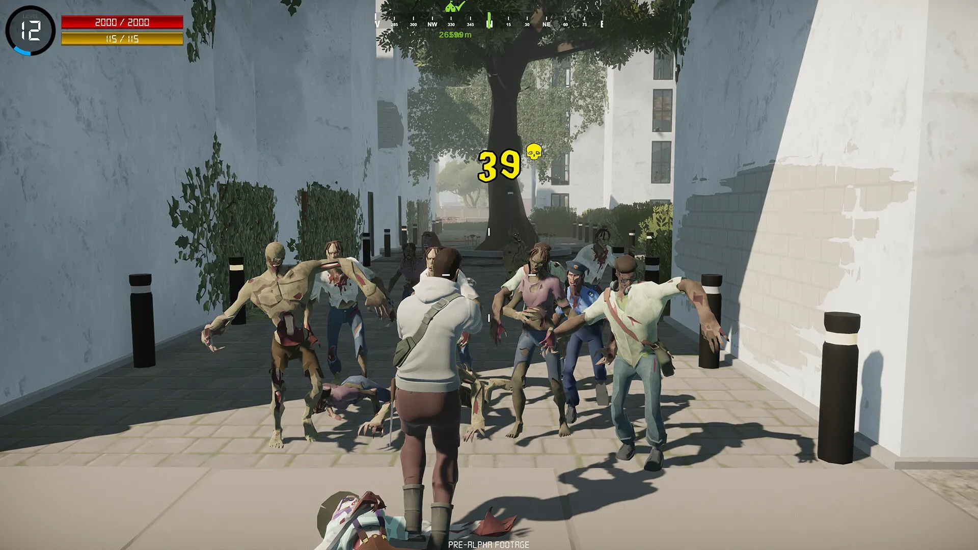 Persist Online: Player fights zombies in urban alley with health and level indicators visible
