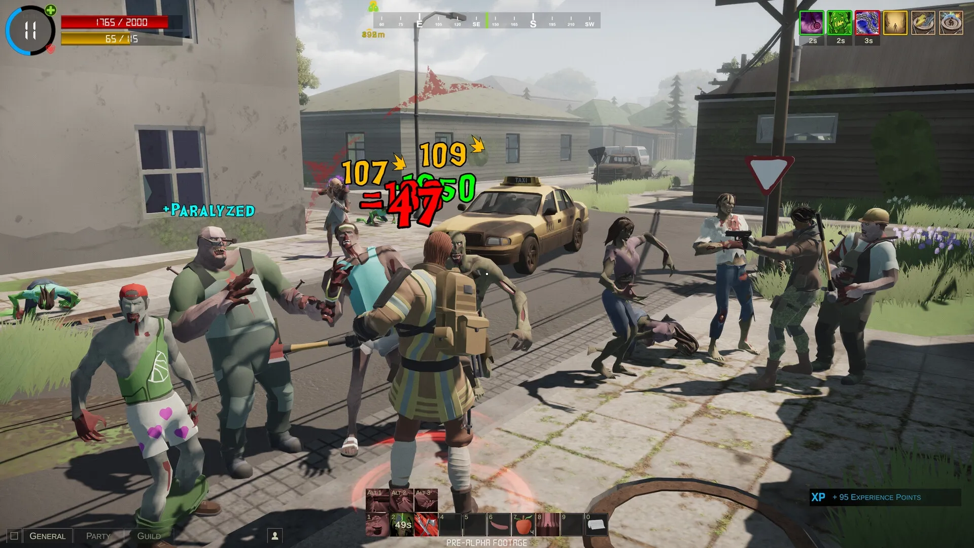 Persist Online: Player fighting zombies in suburban street with combat UI and health bars visible