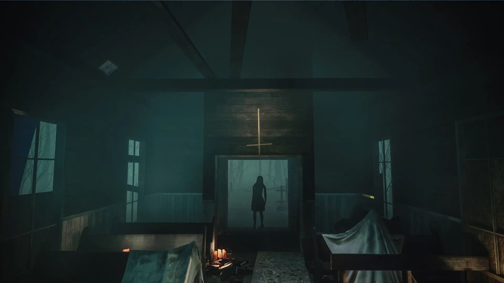 Pestilence: Dark, eerie church interior with shadowy figure at entrance, candles flickering on pews.