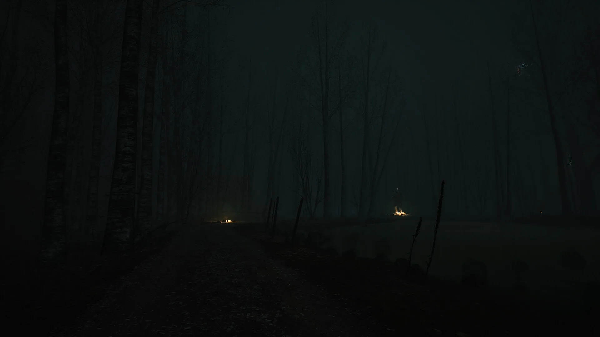 Pestilence: Lone figure walks along a dimly lit forest path surrounded by tall, shadowy trees.