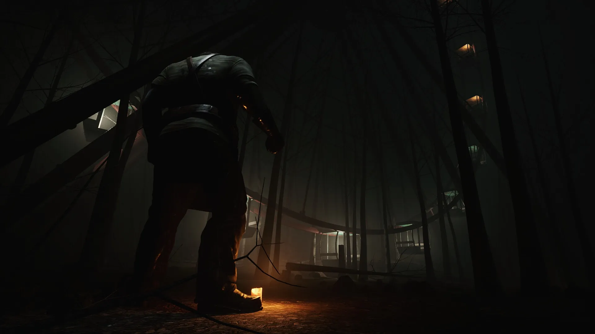 Pestilence: A lone figure with a flashlight explores a dark, eerie forest with a distant Ferris wheel.