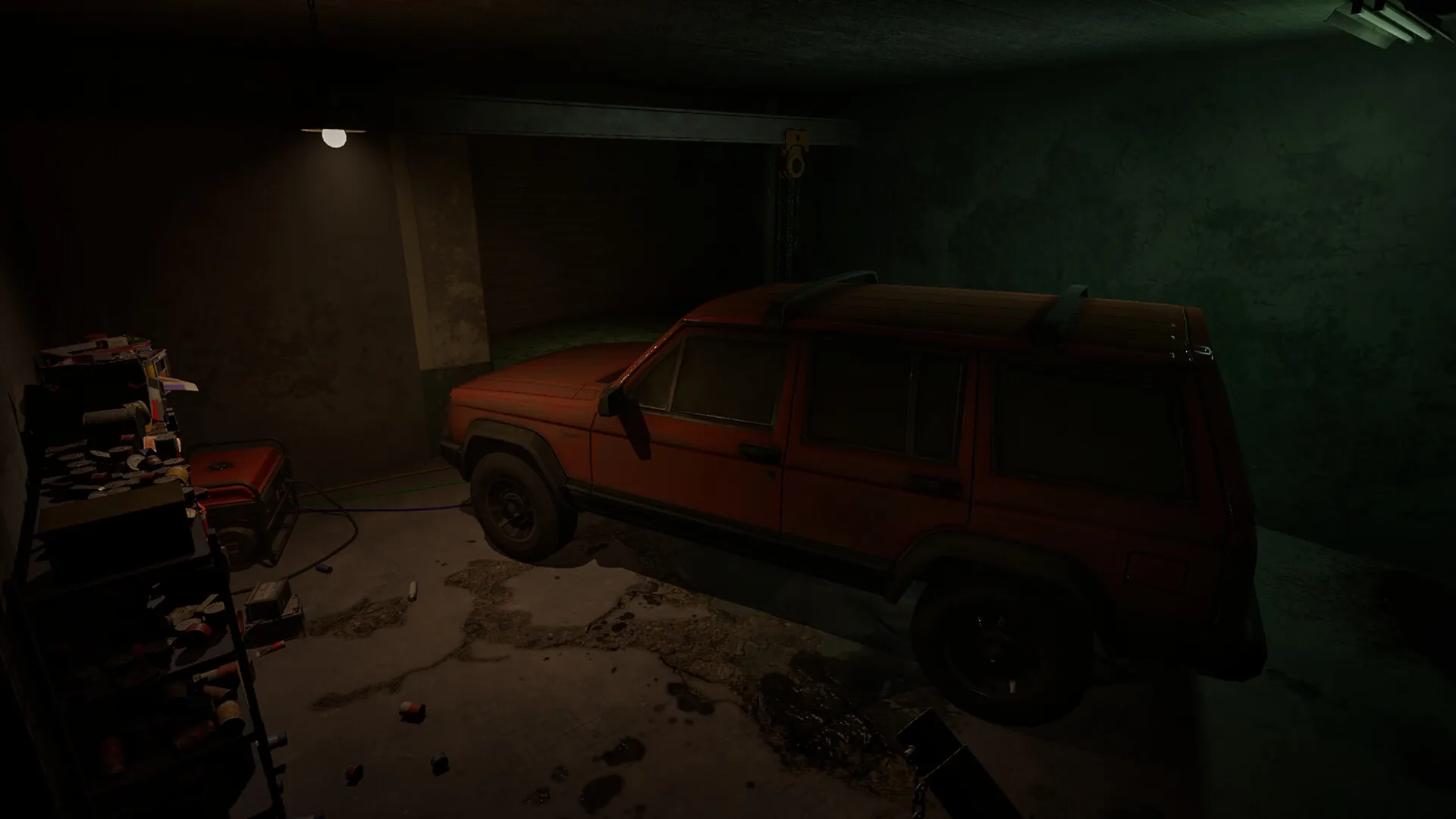 Pestilence: Dimly lit garage with a red SUV, cluttered shelves, and an oil-stained concrete floor.