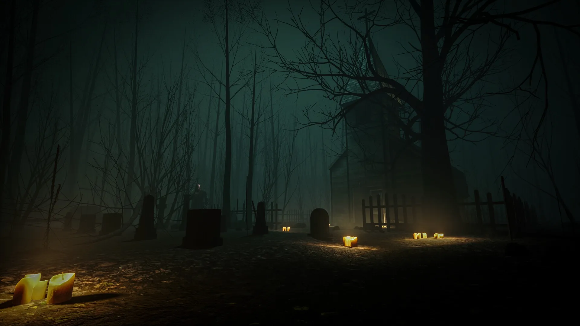 Pestilence: Candles illuminate a foggy graveyard with bare trees and an ominous church in the distance.
