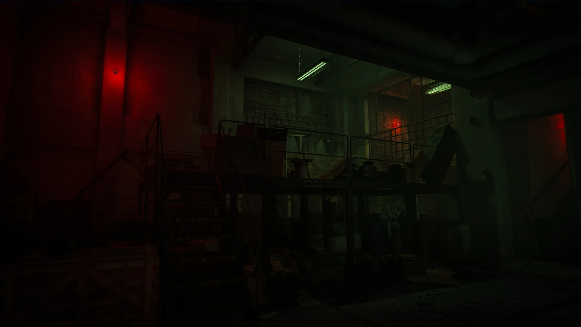 Pestilence: Dimly lit industrial storage area with red lights illuminating staircases and metal railings.