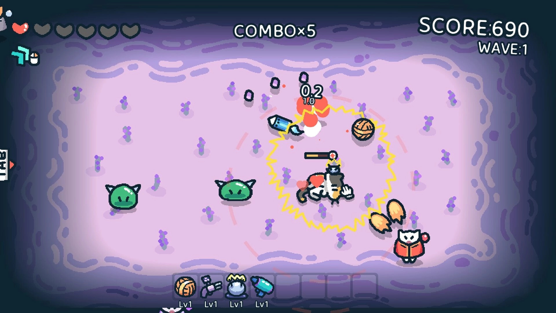 Pet the Cat -: Cat hero fights slime foes with electric aura in purple arena, score and wave UI visible.