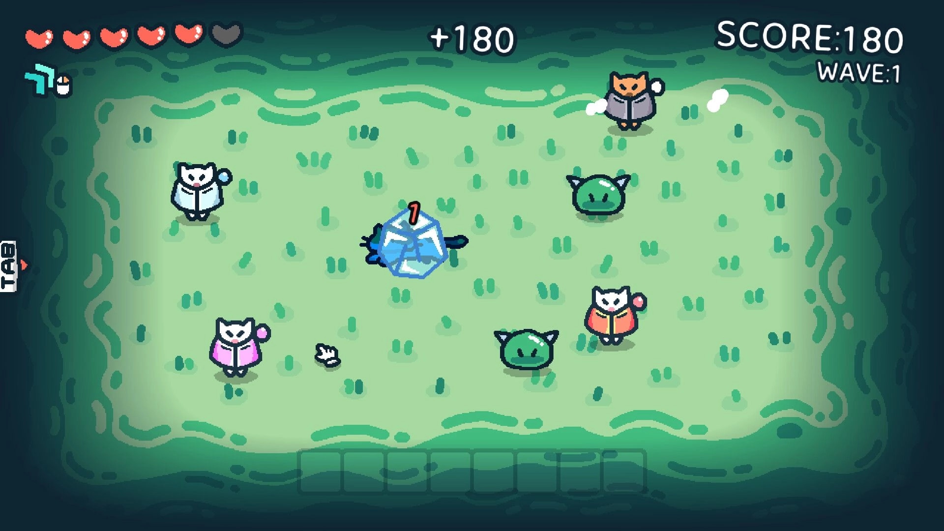 Pet the Cat -: Cats surround a frozen enemy on grassy arena, hearts UI and score 180 wave 1 shown.