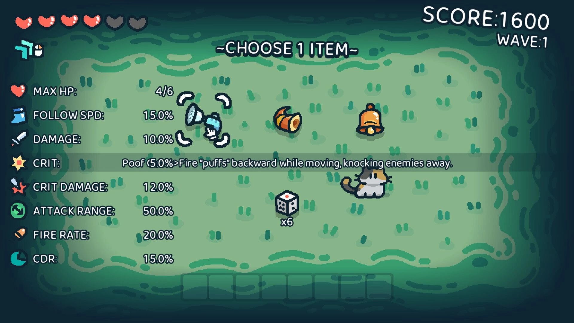 Pet the Cat -: Choose 1 item upgrade screen with cat and stats list on grassy arena, score 1600.