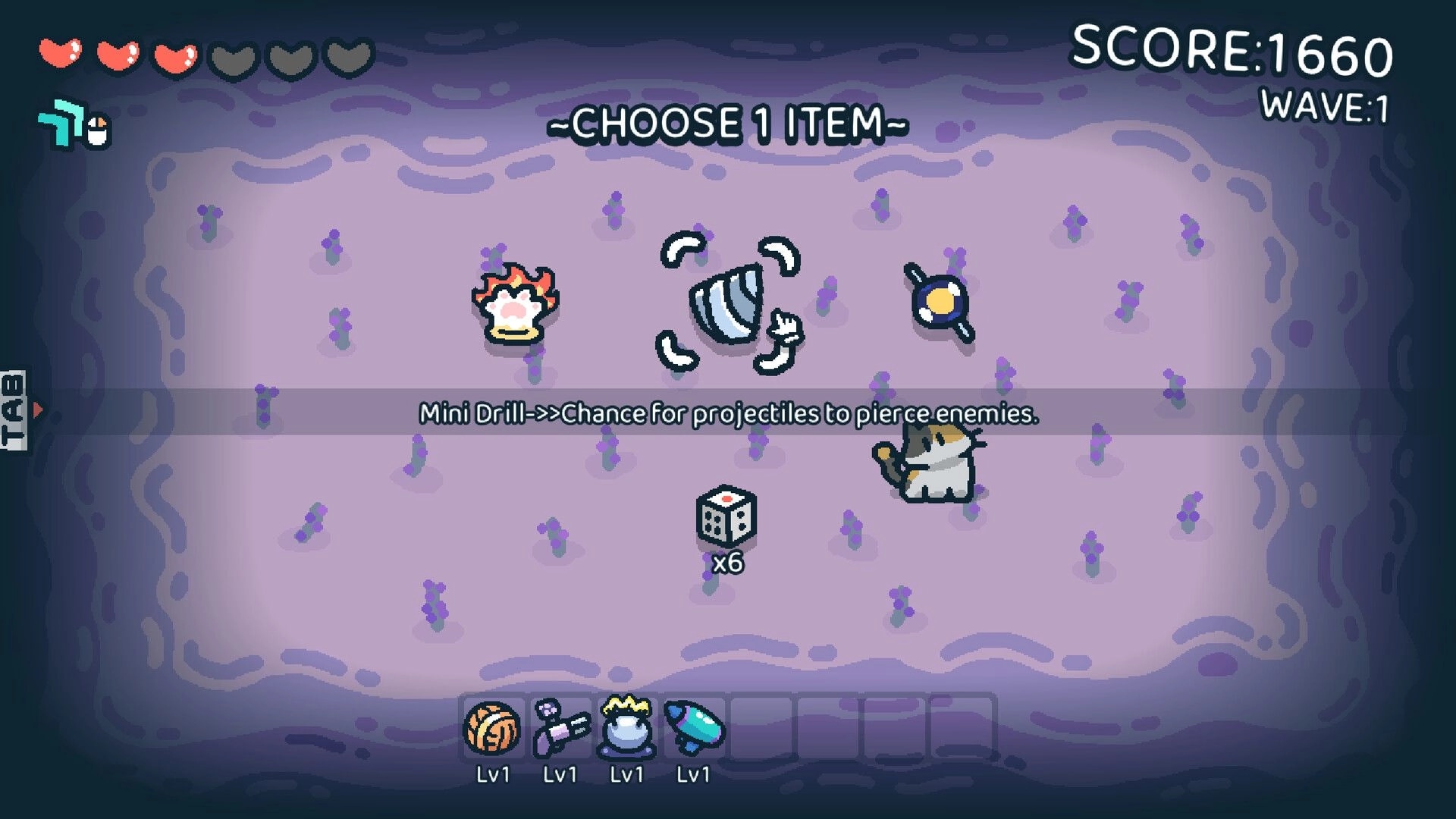Pet the Cat -: Choose 1 item upgrade menu with cat avatar, score and wave HUD on purple arena.