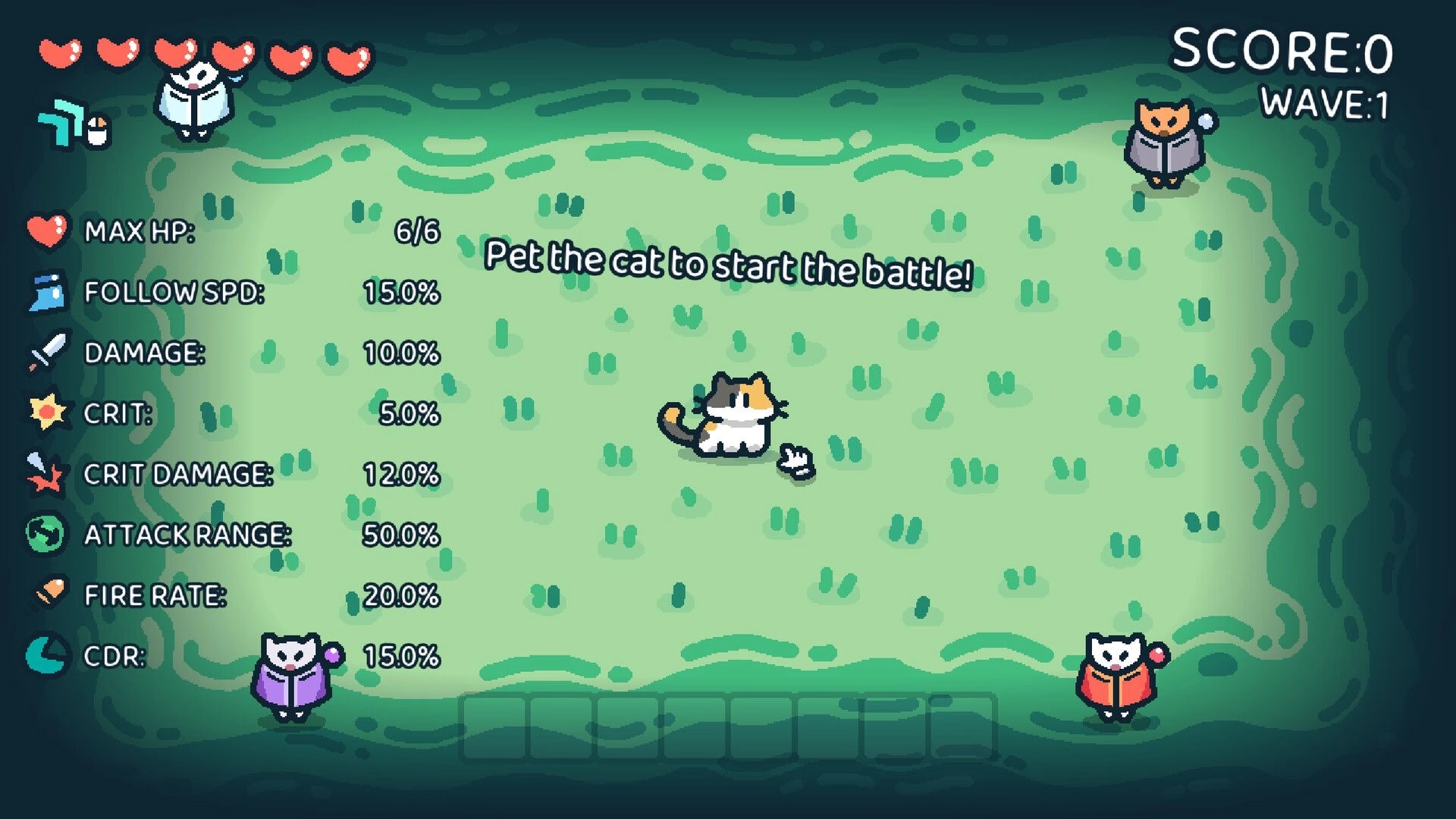 Pet the Cat -: Start prompt over grassy arena with cat and stats panel, score 0 wave 1 UI.