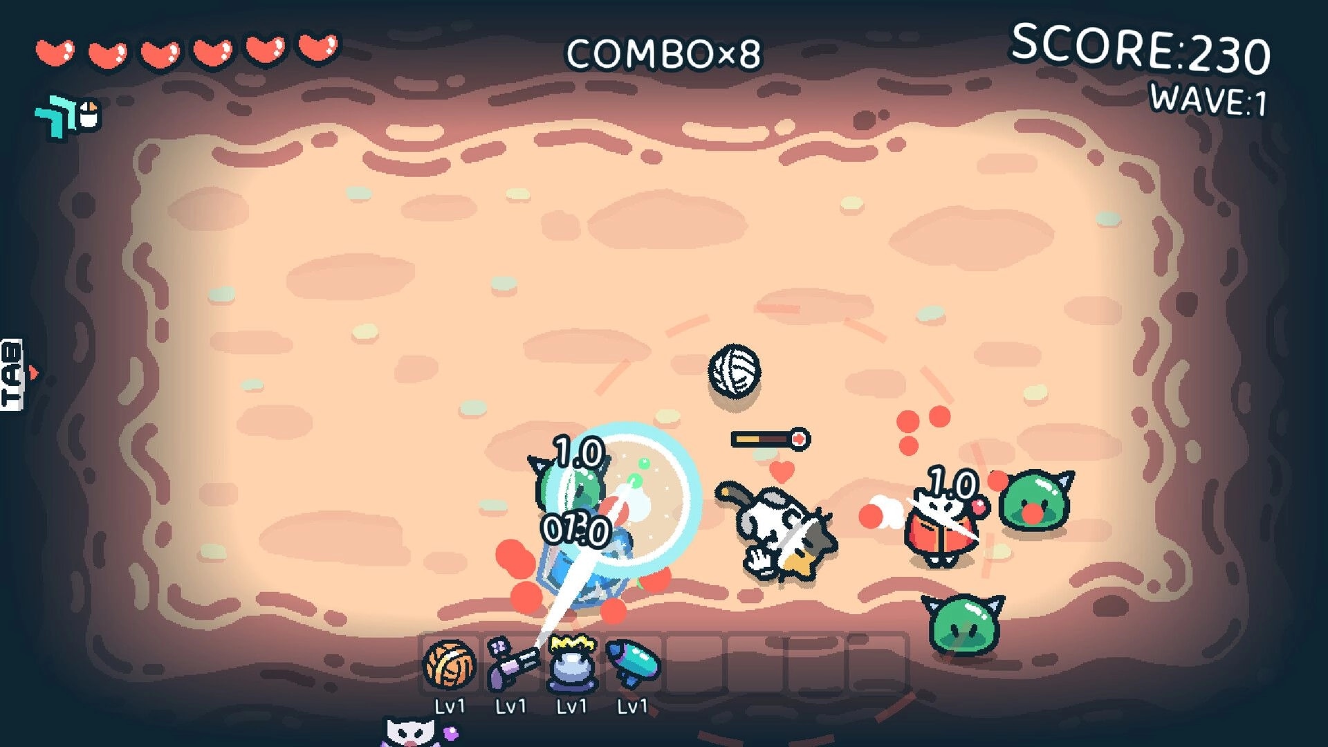 Pet the Cat -: Cat hero fights green slimes with red bullets in sandy arena, hearts and score UI visible.