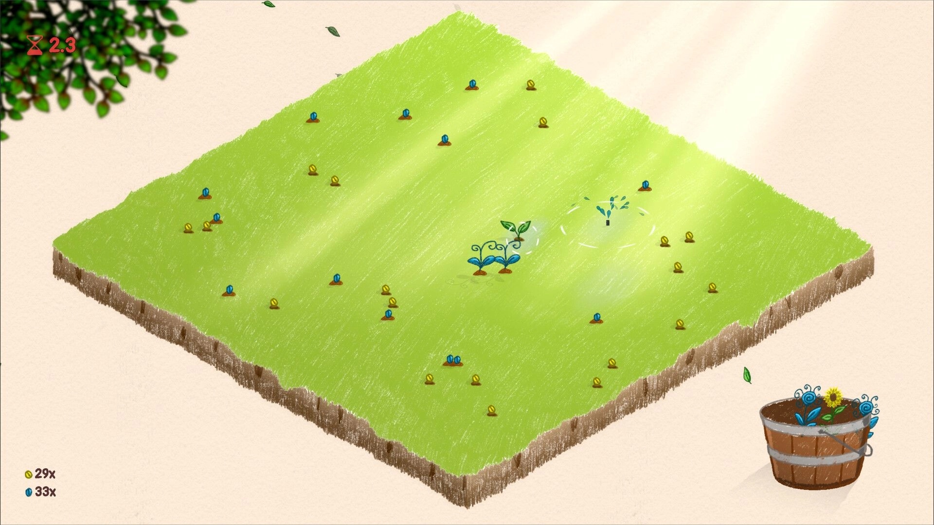Petal by Petal: Central garden plot with growing plants, seeds, and a watering can in sunlight.