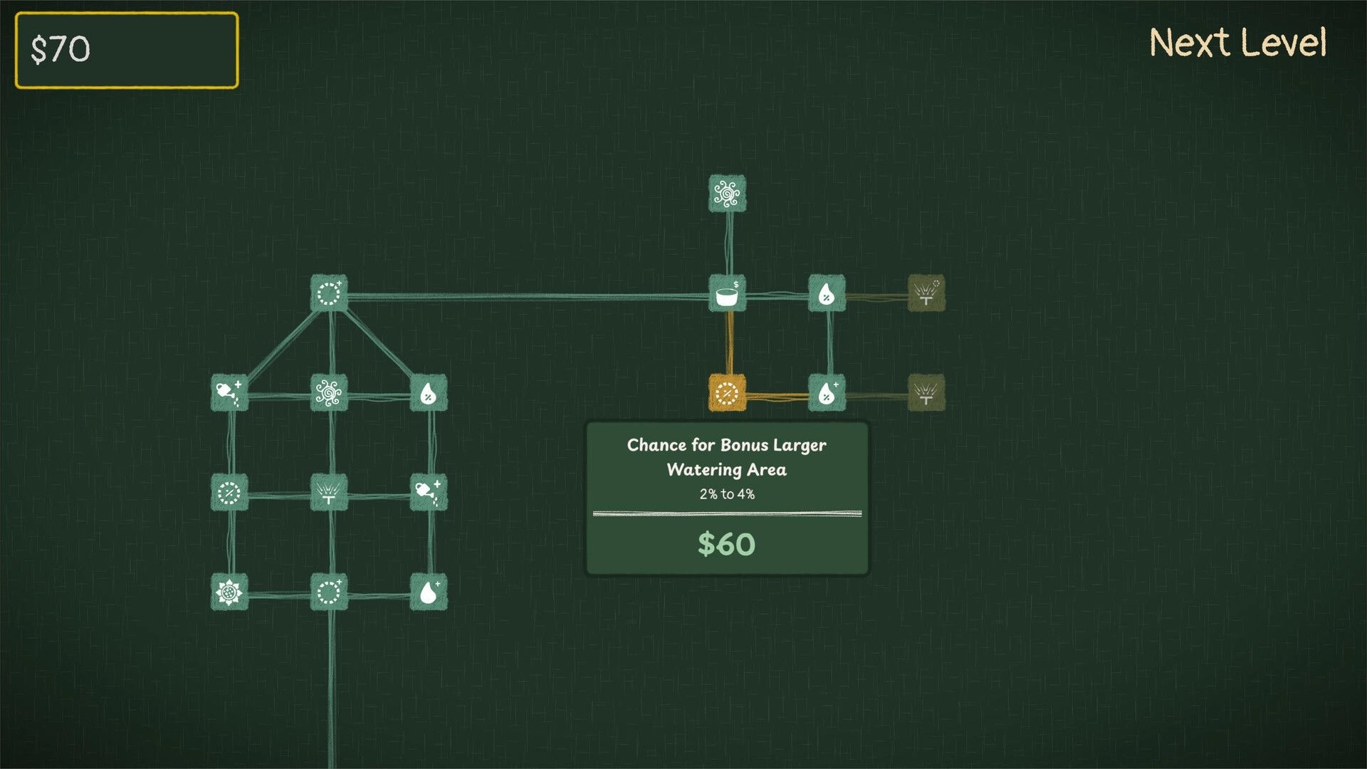 Petal by Petal: Skill tree interface showing upgrade option for Blue Spiral Seed increase in garden setting